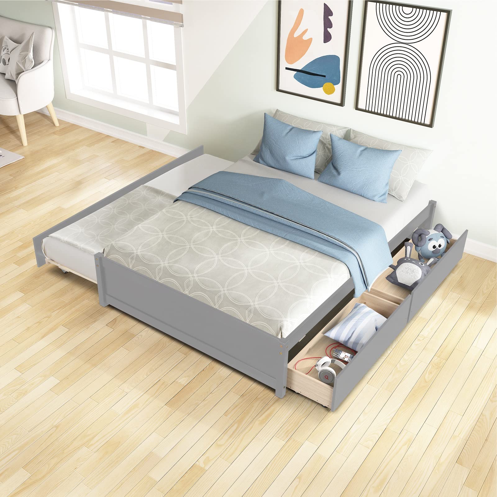 Danxee Wooden Captain's Bed with Storage - Full Size Daybed with Twin Trundle & 2 Drawers - Kids Platform Bed (Gray) - Perfect for Small Spaces, Guest Rooms & Children's Bedrooms