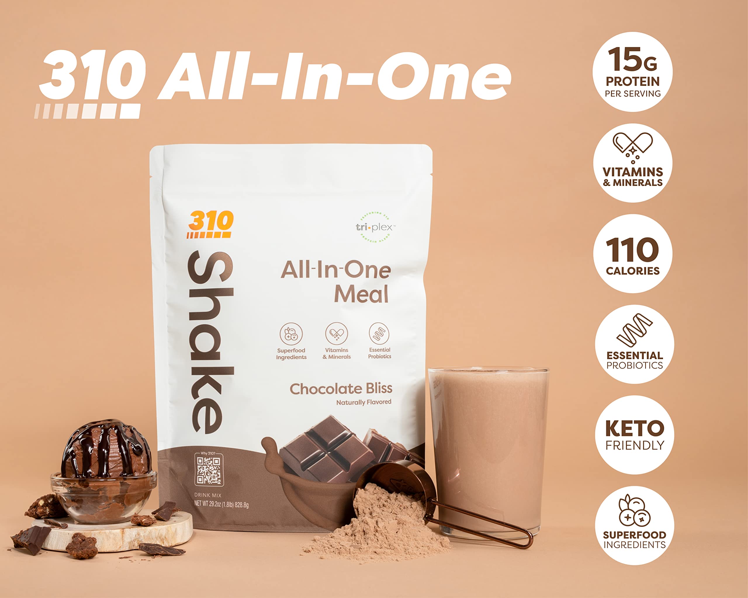 310 Nutrition All-In-One Meal Replacement Shake - Vegan Superfood Blend with Fiber, 26 Vitamins & Natural Sweeteners - Low Carb, Keto, Paleo & Gluten Free - Perfect for Weight Loss, Busy Lifestyles & On-the-Go Nutrition