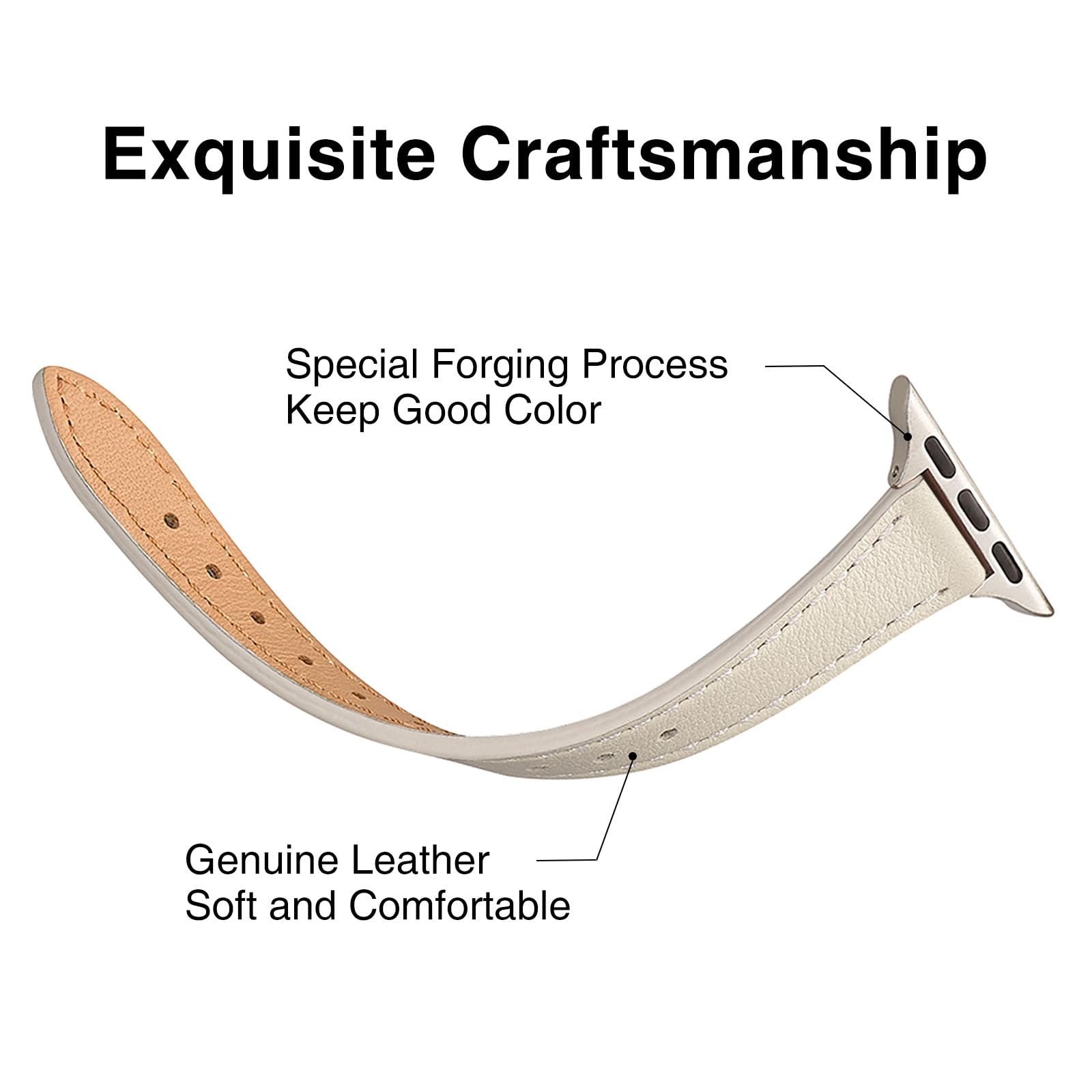 Genuine Leather Band for Apple Watch Series 10/9/8/7/6/5/4/3/2/1/SE - Slim & Thin Replacement Strap Compatible with 42mm 41mm 40mm 38mm (Ivory White & Starlight) | Perfect for Work, Gym & Everyday Wear