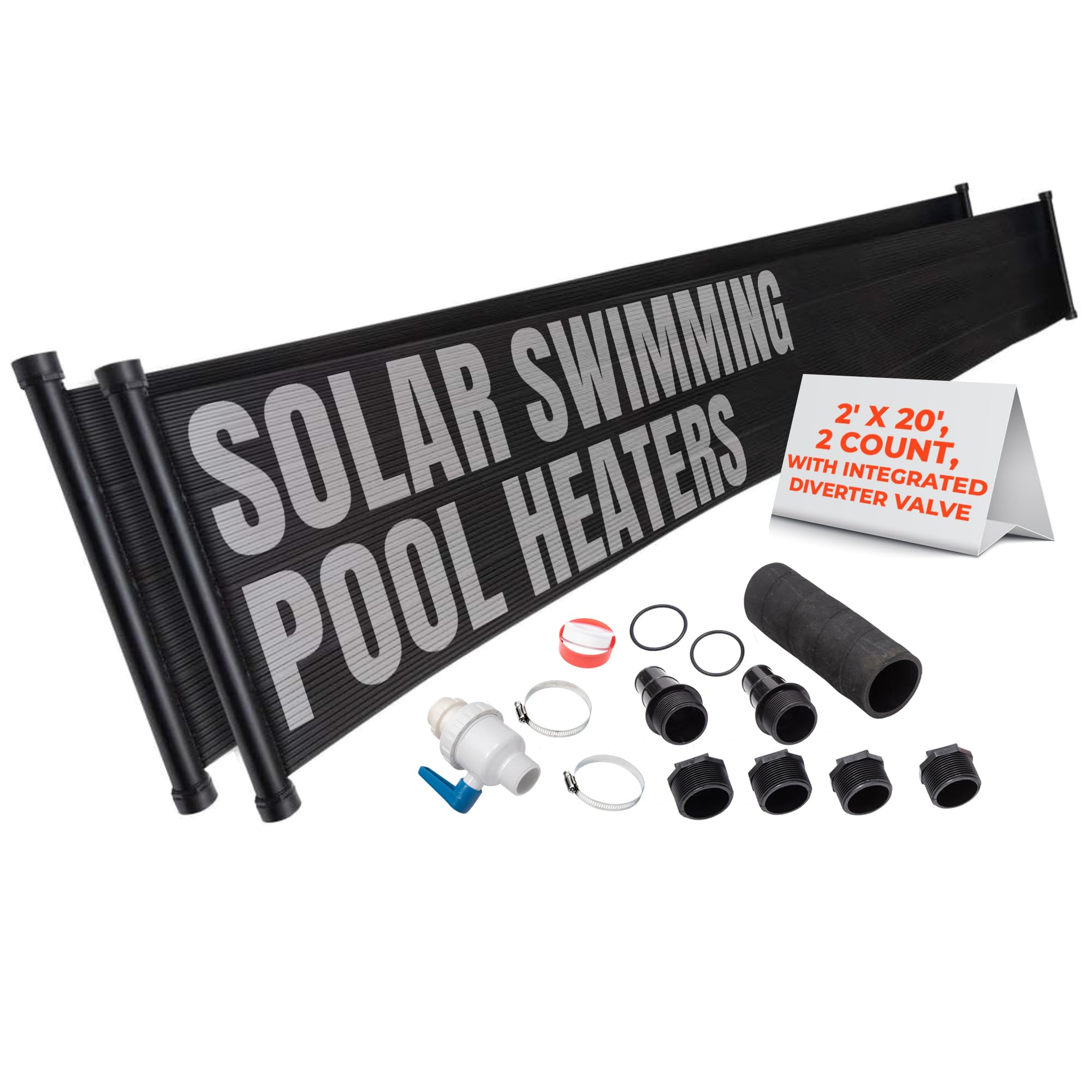 SunQuest Solar Pool Heater Panels - 2 Pack High Efficiency Solar Water Heating System for Above Ground Pools with Max-Flow Design (2'x20') - Includes Couplers & Diverter Valve - Perfect for Extending Swimming Season & Energy Savings