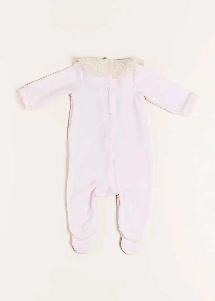 Pink Velour Lace Trim Collar Baby Romper - Soft One-Piece Outfit for Newborn to 12 Months | Perfect for Photoshoots, Special Occasions & Everyday Wear
