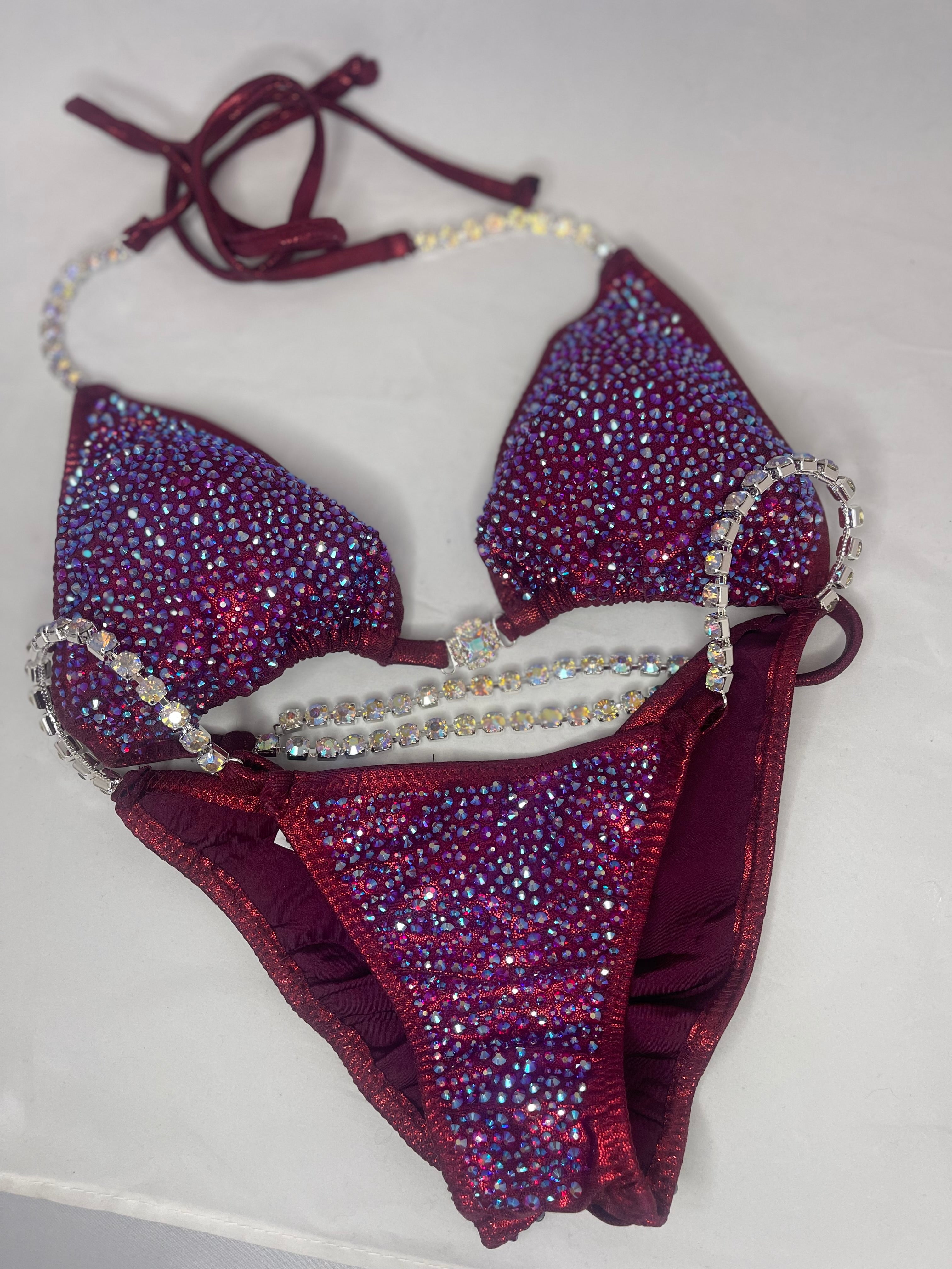 Burgundy Dark Red Maroon Bikini with Multi-Colored Rhinestone Design | Shimmering Swimsuit for Beach, Pool Party & Vacation | Statement Women's Swimwear