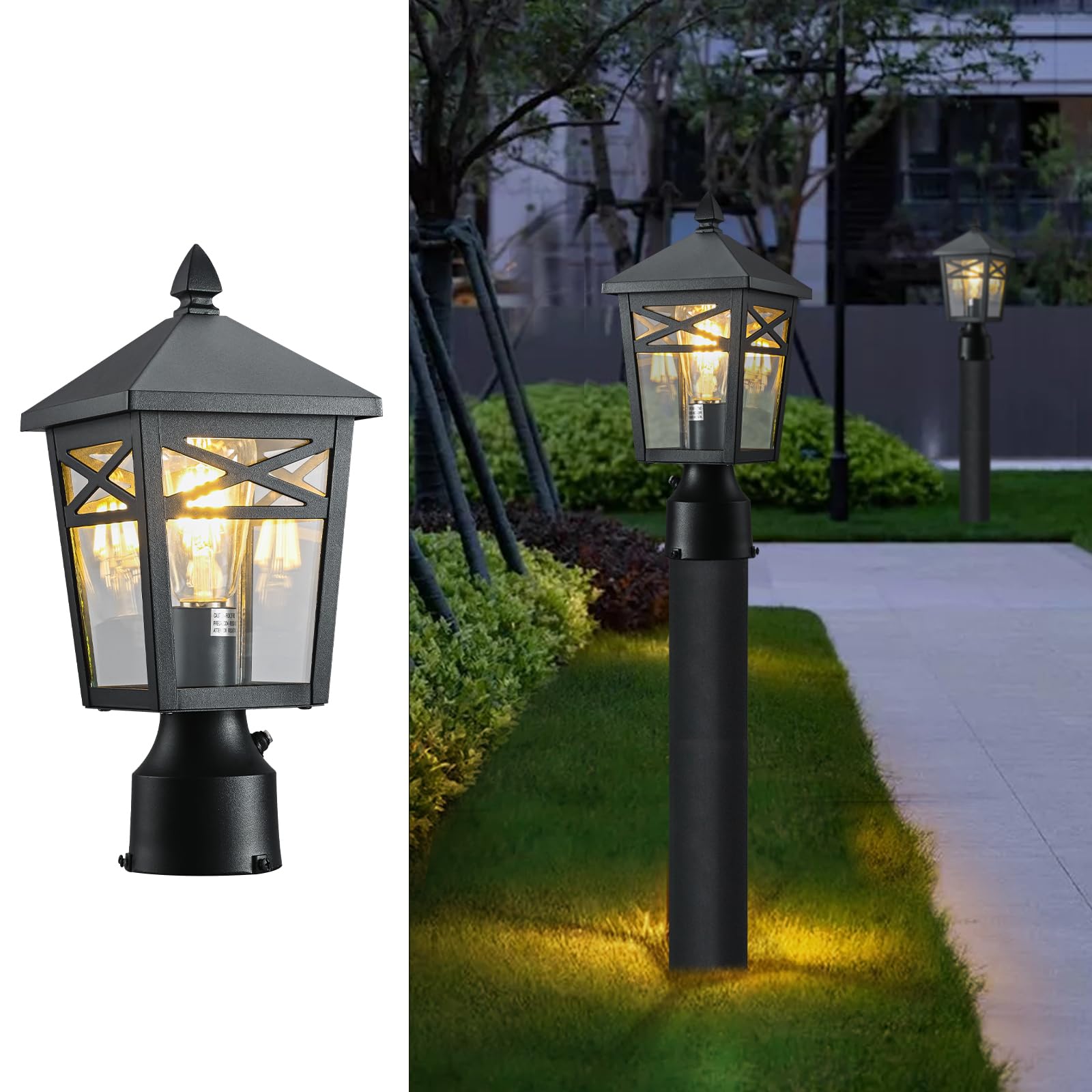 1-Light Dusk to Dawn Outdoor Post Light Fixture - Black Exterior Lamp with Clear Glass for Patio, Garden & Driveway Lighting | Weatherproof Post Light for Yard, Walkway & Landscape Illumination