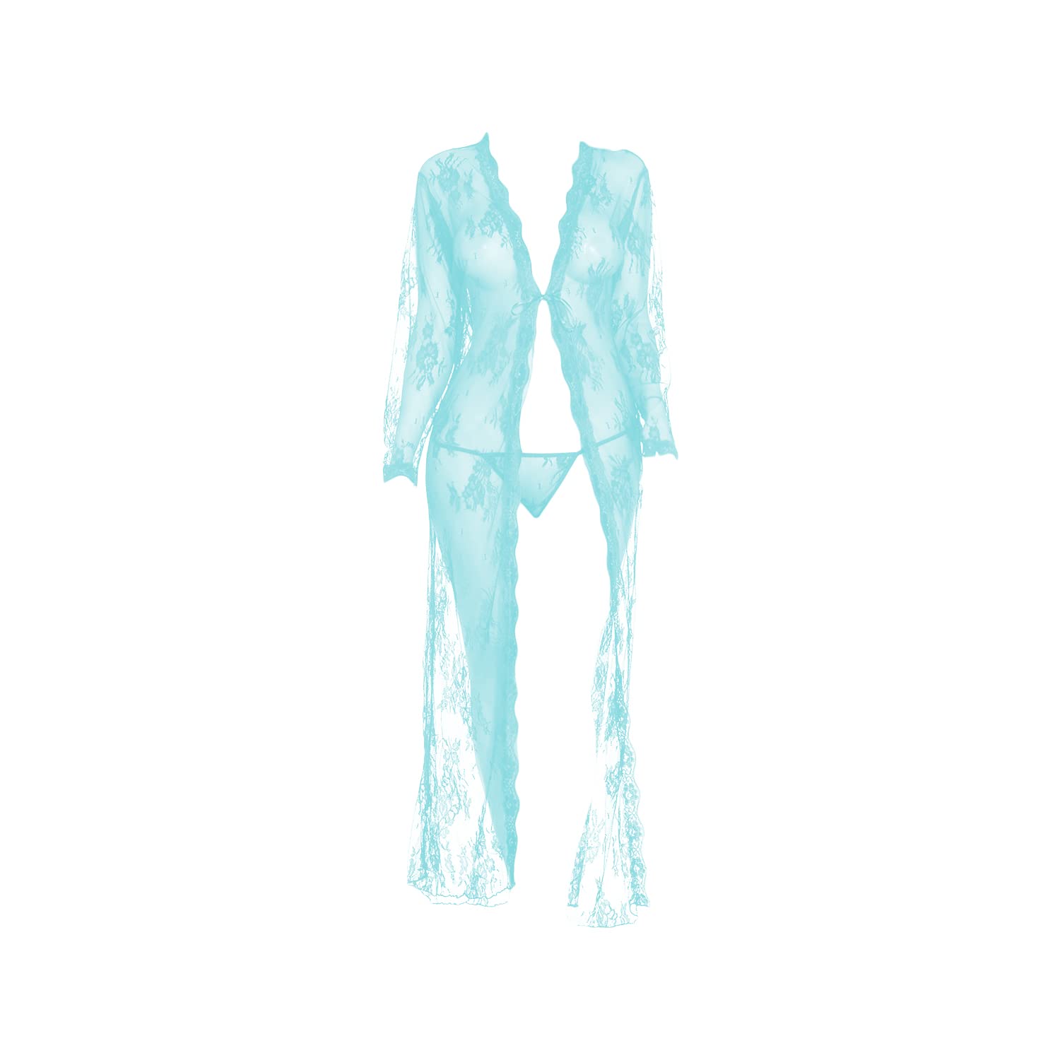Sheer Lace Kimono Robe for Women - Light Green X-Large See Through Long Nightgown, Sexy Mesh Babydoll Dress & Chemise - Perfect for Boudoir, Lingerie Parties, Honeymoon Nights and Romantic Occasions