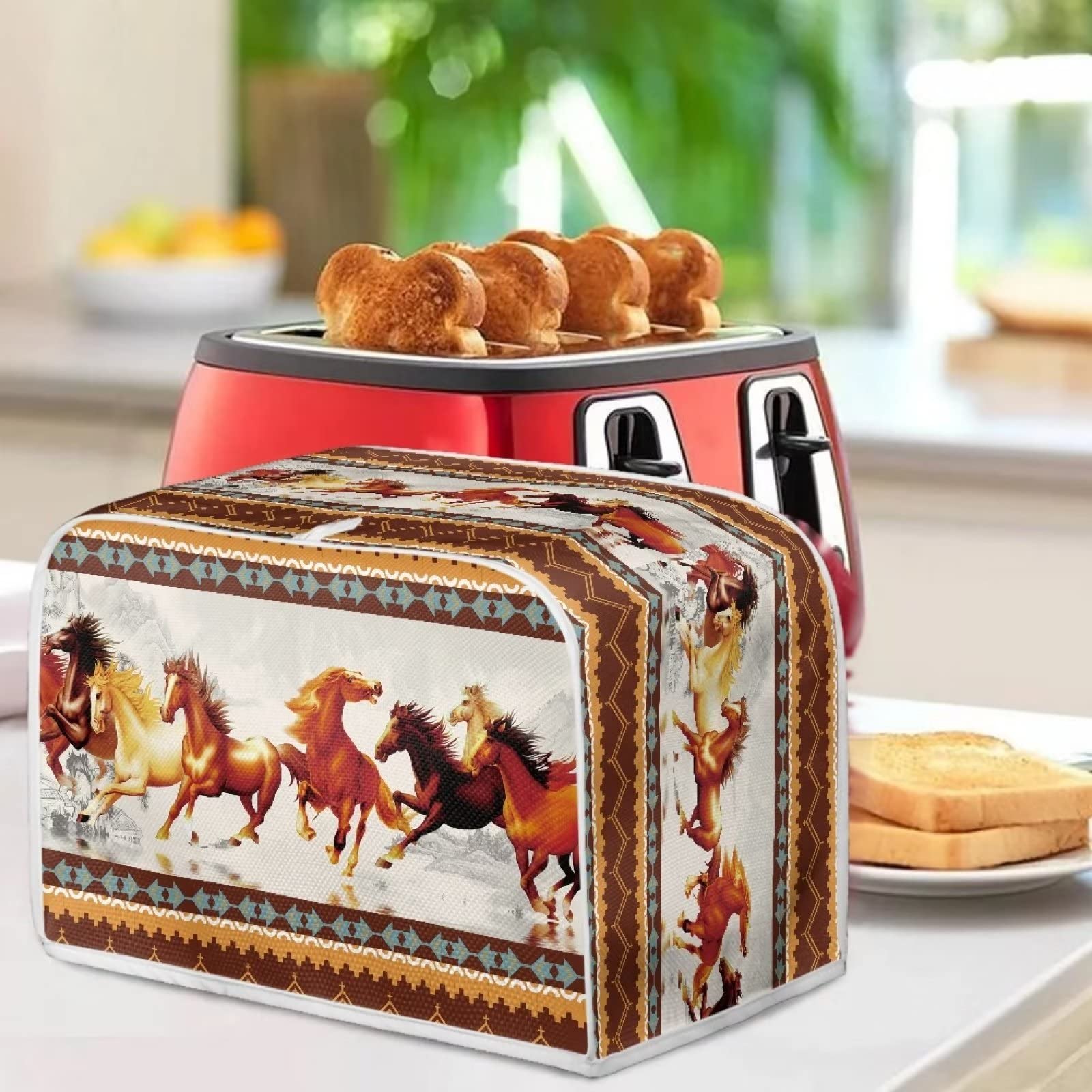 **Aztec Horse Print Toaster Cover - 2 Slice Southwest American Tribal Design, Washable & Durable Bread Toaster Protector with Top Hook - Perfect for Kitchen, Breakfast Nook & Small Appliance Protection**