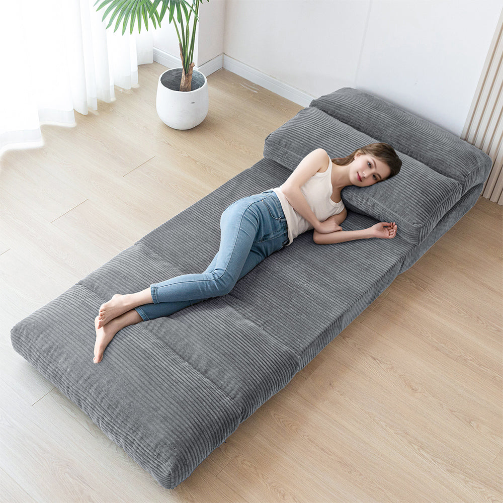 MAXYOYO Corduroy Bean Bag Folding Sofa Bed - Extra Wide Convertible Floor Mattress for Living Room, Bedroom & Guest Room (Grey)