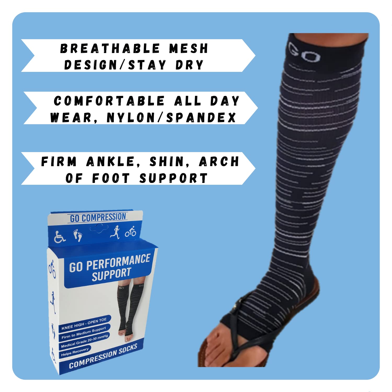 20-30 mmHg Knee High Open Toe Compression Socks for Women & Men - Graduated Toeless Stockings for Circulation, Travel & Work