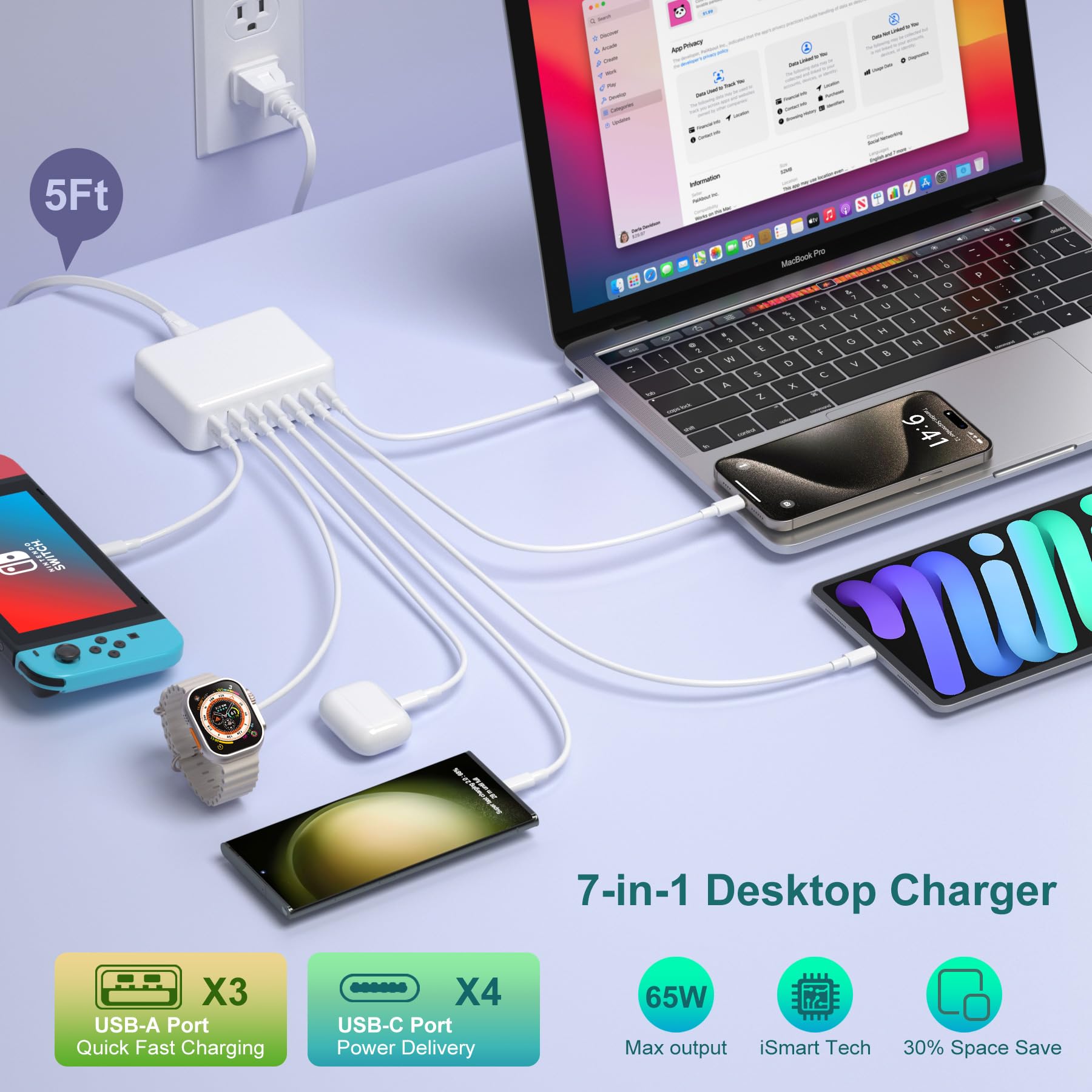 180W GaN USB C Charging Station - 7-Port Fast Charger Hub with 65W PD for MacBook Air/Pro, iPad, iPhone 15/14/13/12/11, Galaxy S23/S22, Pixel 8/7 - Compact Desktop Charging Solution for Home, Office & Travel (White)