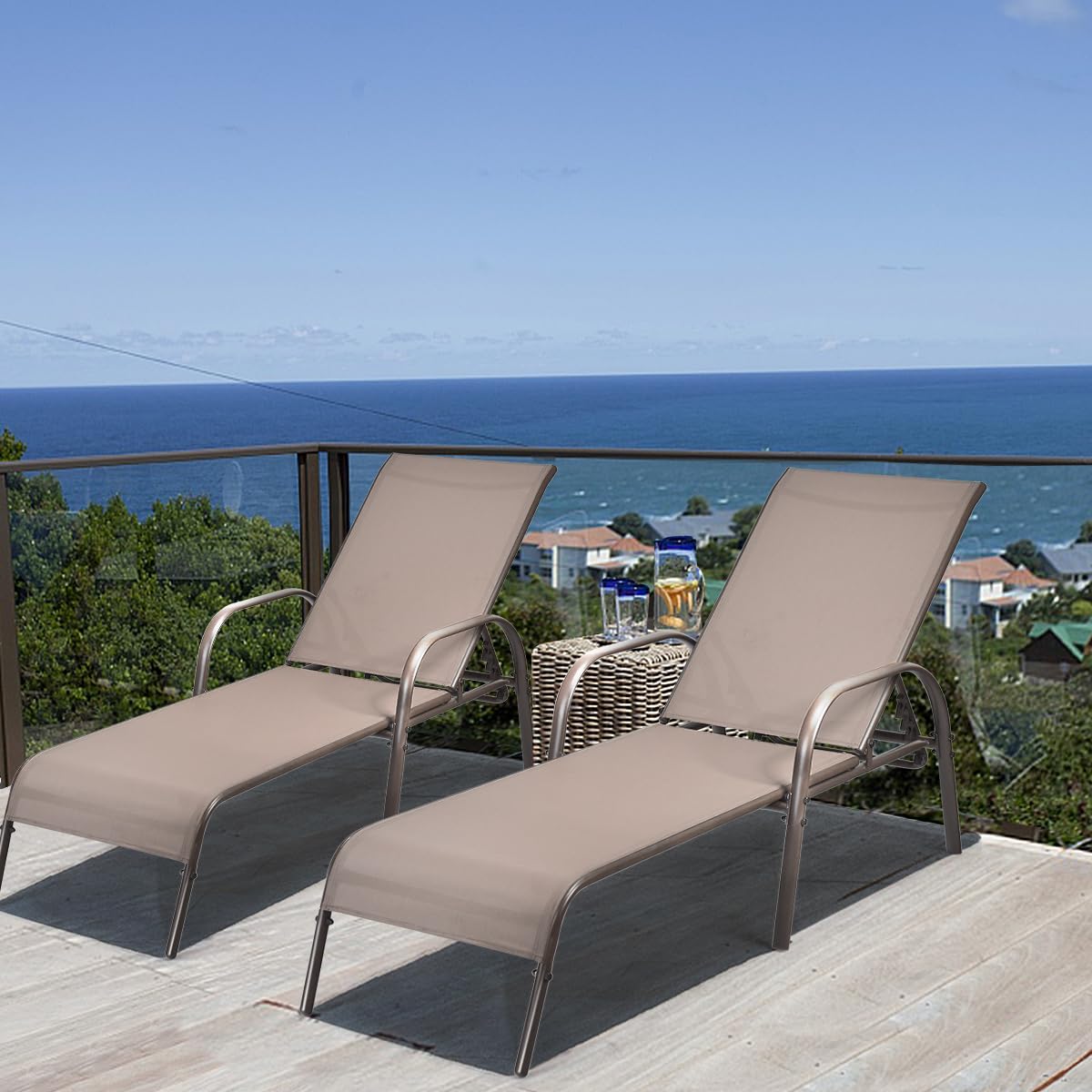 Giantex 2 Pack Adjustable Patio Lounge Chairs - Heavy Duty Steel Frame Outdoor Chaise Lounge with 5-Position Recliner - Perfect for Sunbathing, Beach, Poolside, Backyard & Balcony Relaxation - Brown