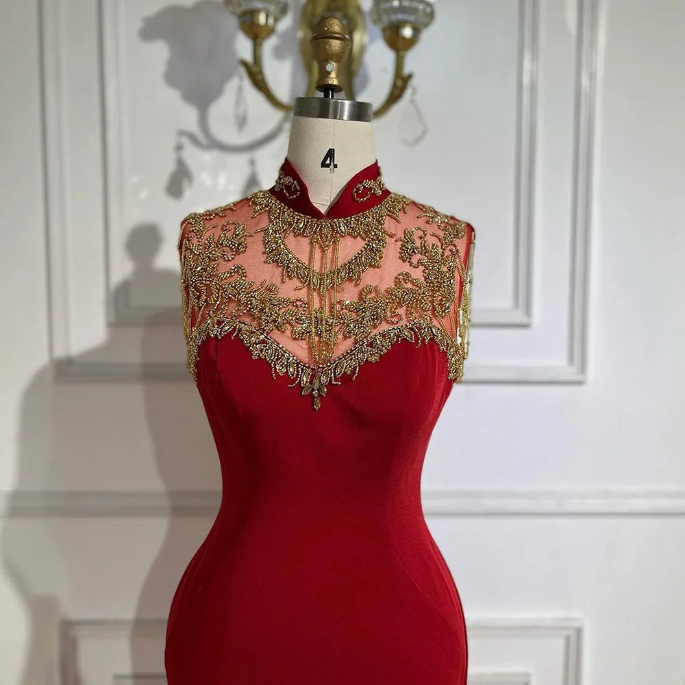 Elegant Arabic Wine Red Mermaid Evening Gown with Beaded Satin for Women - Dubai Luxury Wedding & Party Dress 2025 LA72556 | Perfect for Formal Events, Galas & Special Occasions