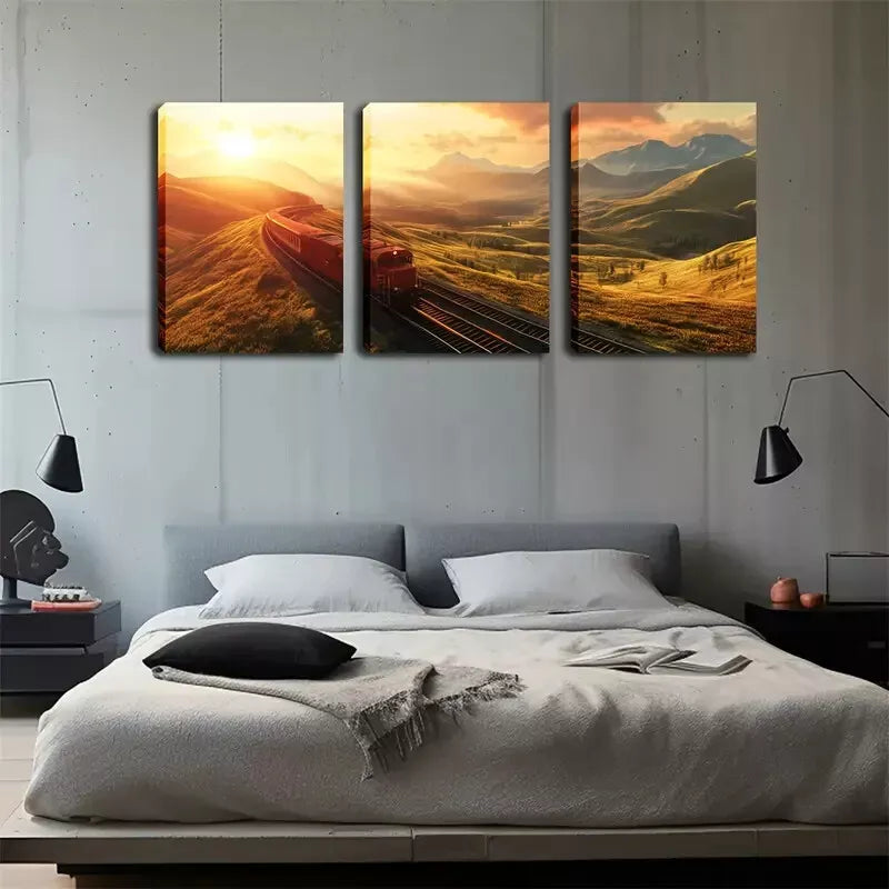 3-Piece Scenic Mountain Train Sunset Landscape Wall Art Set - Framed Canvas 40x60cm - High Quality Print - 100% Australian Made - Ready to Hang - Perfect for Living Room, Bedroom & Office Decor