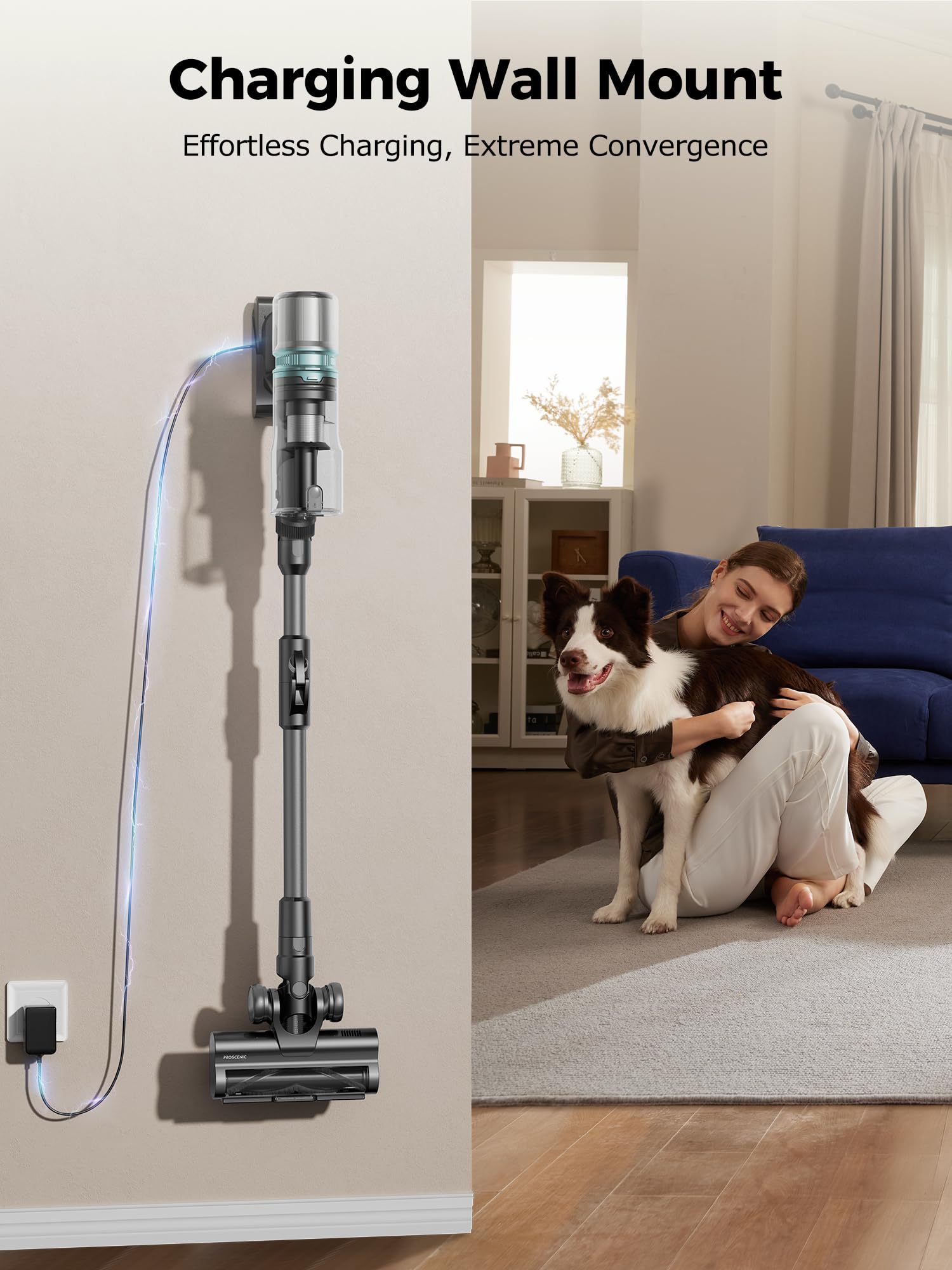 Proscenic P16 Cordless Stick Vacuum Cleaner - 550W 45KPA Powerful Suction, 55 Min Runtime, 180° Bendable Wand, Green LED & Tangle-Free Brush - Lightweight Rechargeable Vacuum for Home, Pet Hair (Grey) | Perfect for Hard Floors, Carpets & Pet Owners