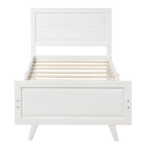 White Wood Twin Bed Frame with Headboard & Support Slats - Sturdy Platform Bed Foundation for Kids Room, Guest Bedroom & Small Spaces