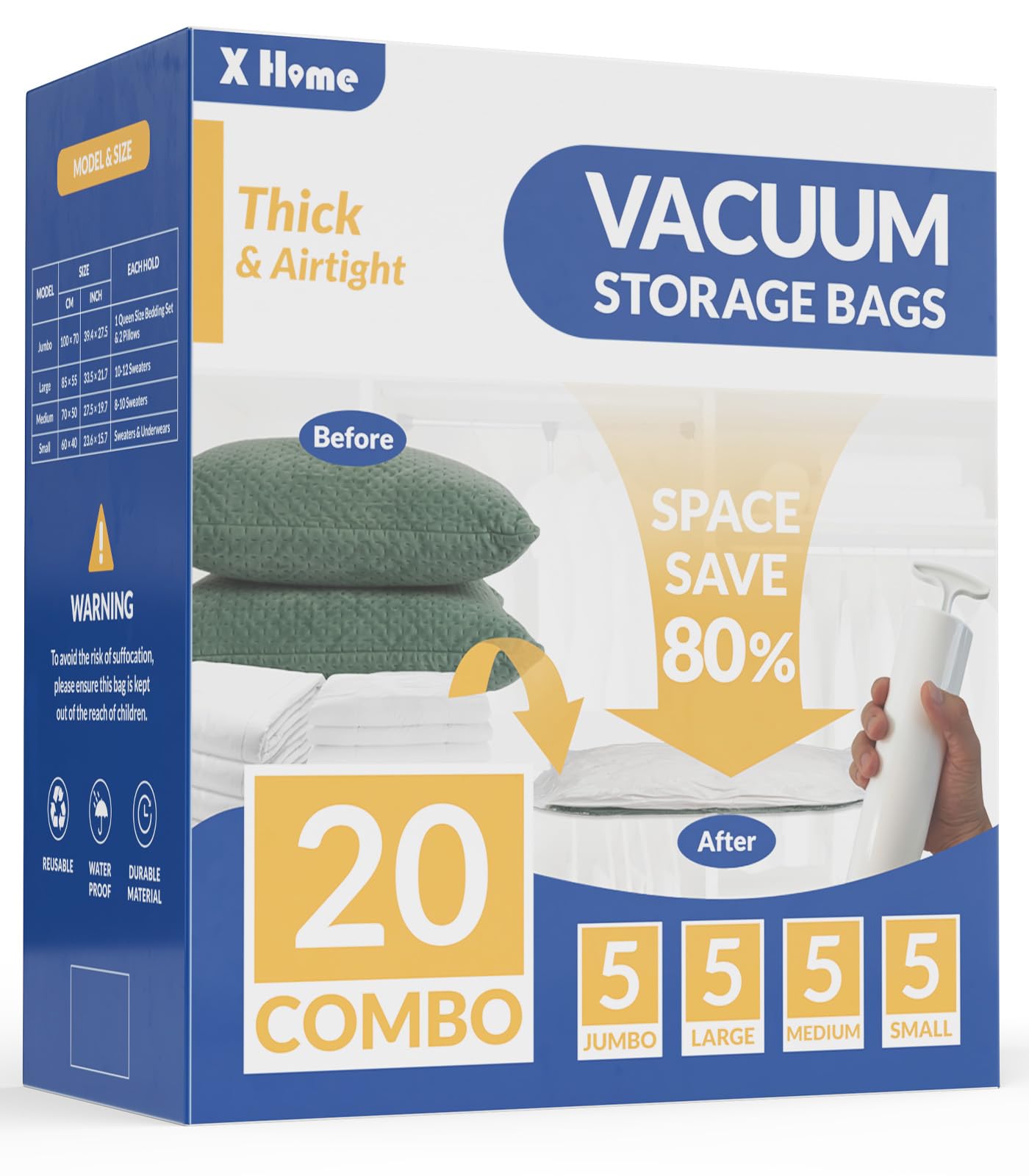 20 Pack Vacuum Storage Bags - 80% Space Saving Vacuum Seal Bags for Clothes, Bedding, Blankets & Comforters | Includes Travel Hand Pump (5 Jumbo+5L+5M+5S) | Perfect for Home Organization, Travel & Seasonal Storage
