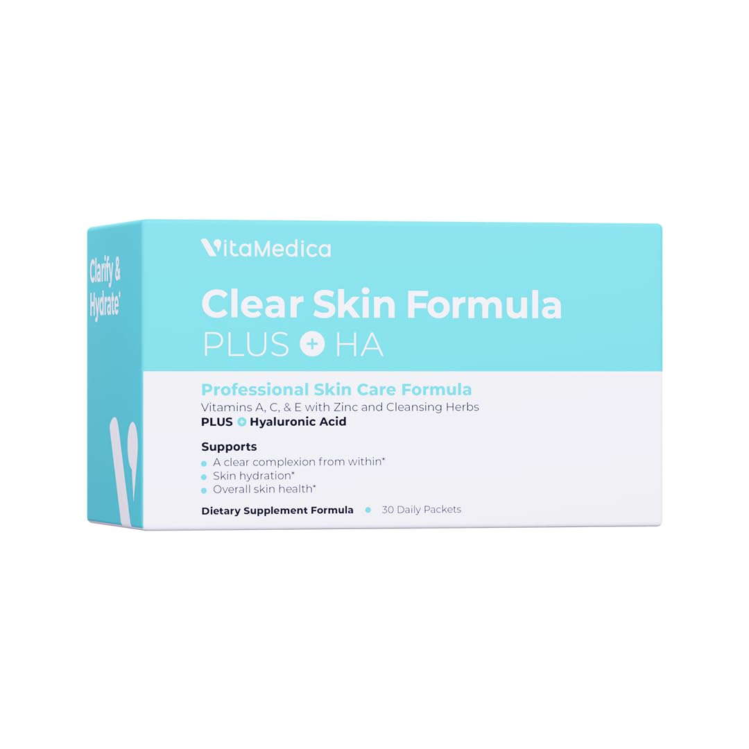 Vitamedica Clear Skin Formula with Hyaluronic Acid - 30-Day Supply of Daily Skin Care Supplement Packets for Acne & Blemish Control - Perfect for Teenagers & Adults with Oily or Problem Skin