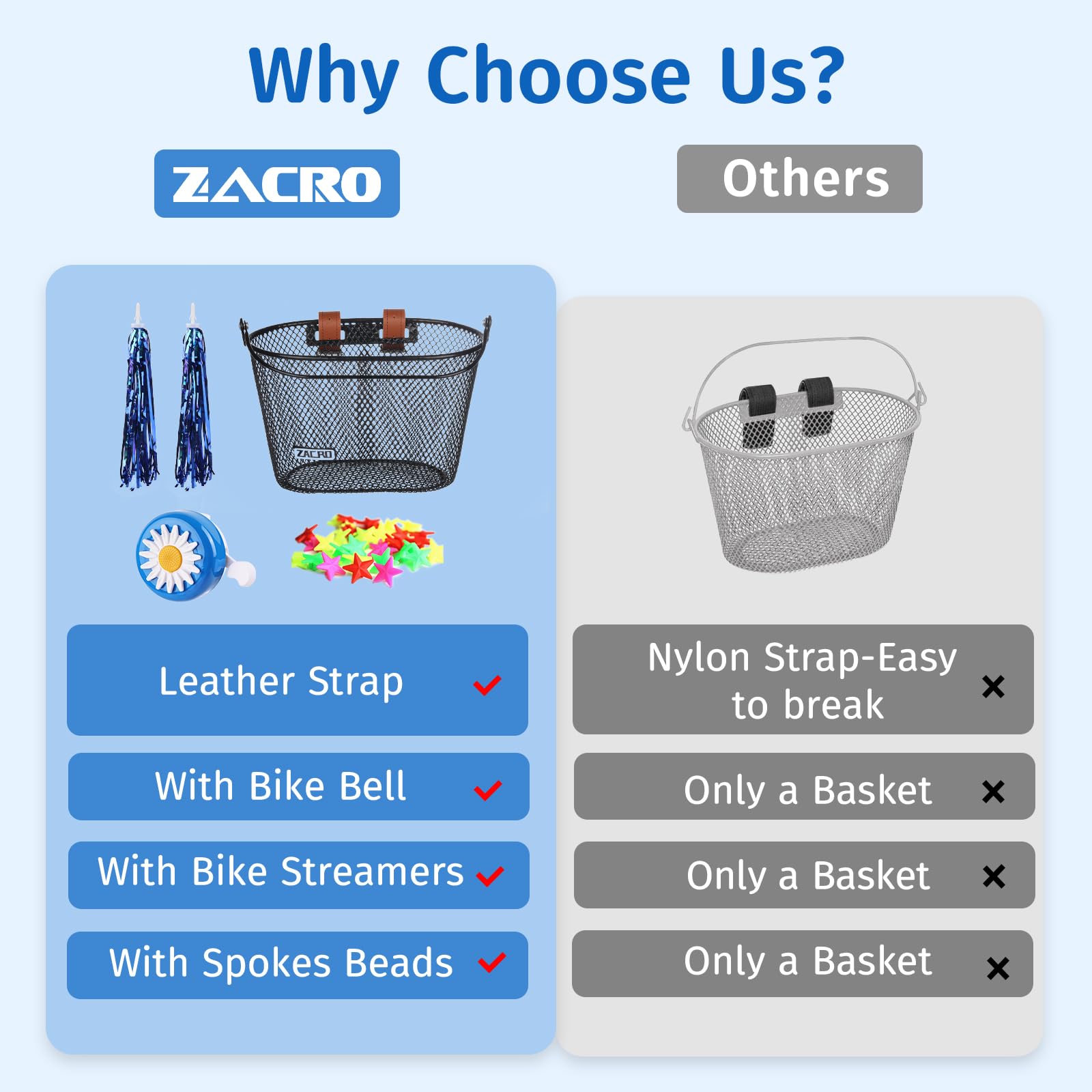 **Upgraded Zacro Kids Bike Basket with Bell & Streamers - Durable Bicycle Basket for Boys & Girls - Perfect for Toddler Bikes & Scooters - Ideal for School, Park Rides & Outdoor Adventures**