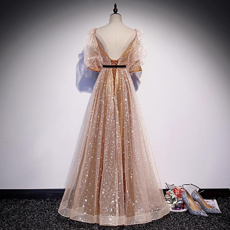 Elegant Gold Evening Formal Dress with Mid Sleeves - Sparkly Long Prom Gown for Women - Perfect for Prom, Homecoming, and Special Occasions