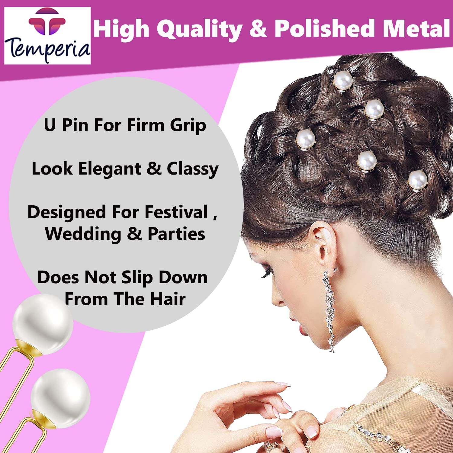 TEMPERIA 12-Piece Pearl Hair Clips for Women & Girls - Elegant U-Pin Hair Accessories for Bridal Hairstyles, Weddings & Parties (White) - Perfect for Prom, Formal Events & Special Occasions