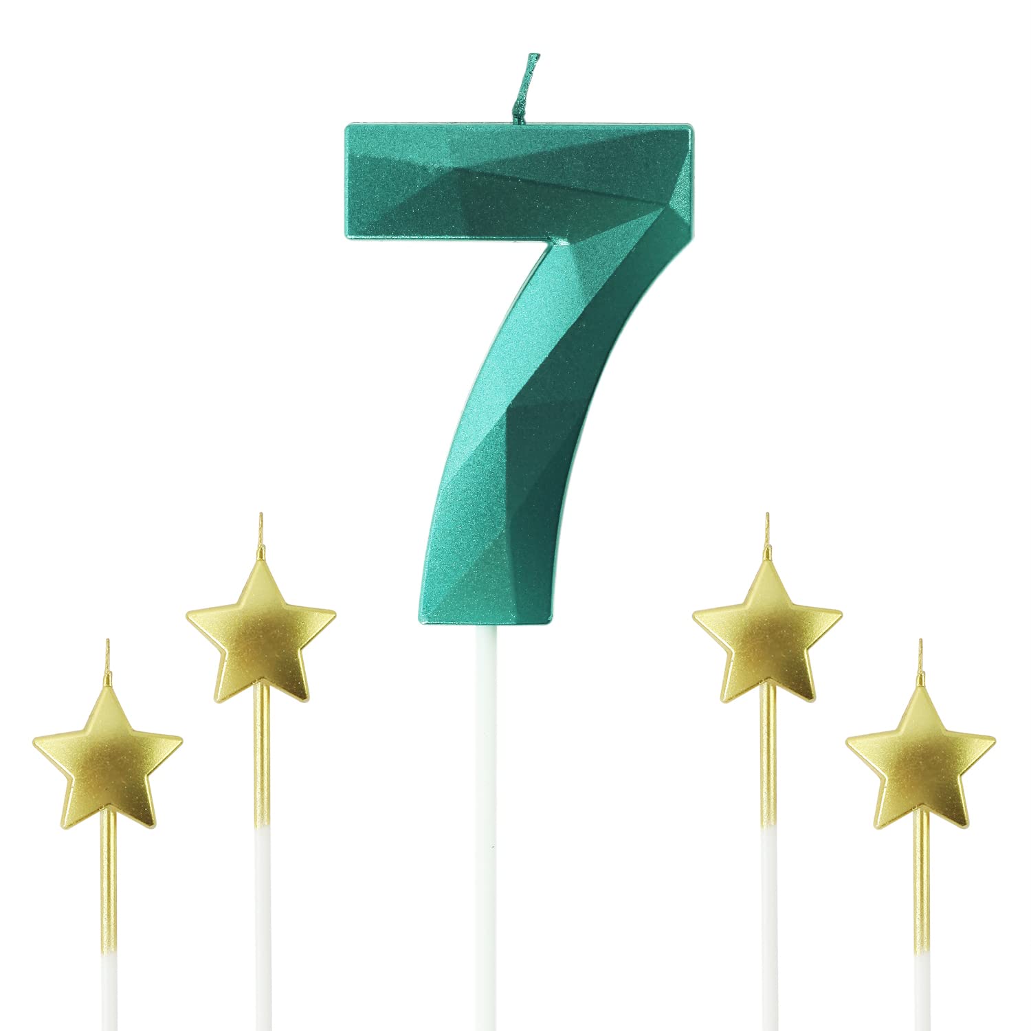 Green Number 7 & Star Birthday Candles - 2.76 Inch 3D Diamond Shaped Cake Candles for Birthday Parties, Anniversaries & Special Celebrations - Perfect for Cake Decorations, Cupcakes & Dessert Displays