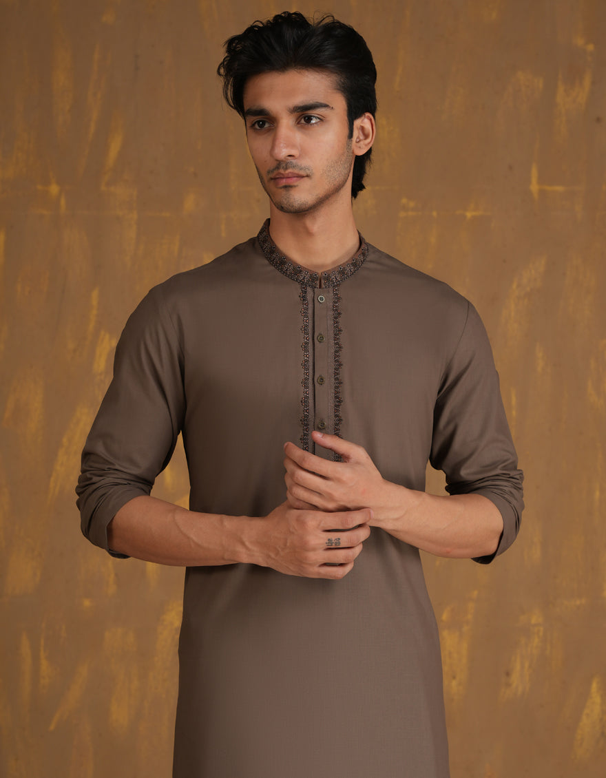 Elegant Blended Brown Shalwar Kameez by J. Junaid Jamshed - Traditional Pakistani Outfit for Men, Perfect for Weddings, Eid & Special Occasions
