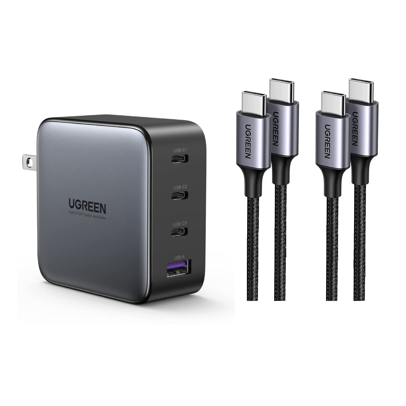 UGREEN 100W USB C Charger 4-Port Fast Charging Station with 100W USB-C Cable (2-Pack) - PD 3.0 GaN Tech for MacBook Pro/Air, iPad, Galaxy S21/S20, iPhone 15 - Perfect for Home, Office & Travel Charging Solutions