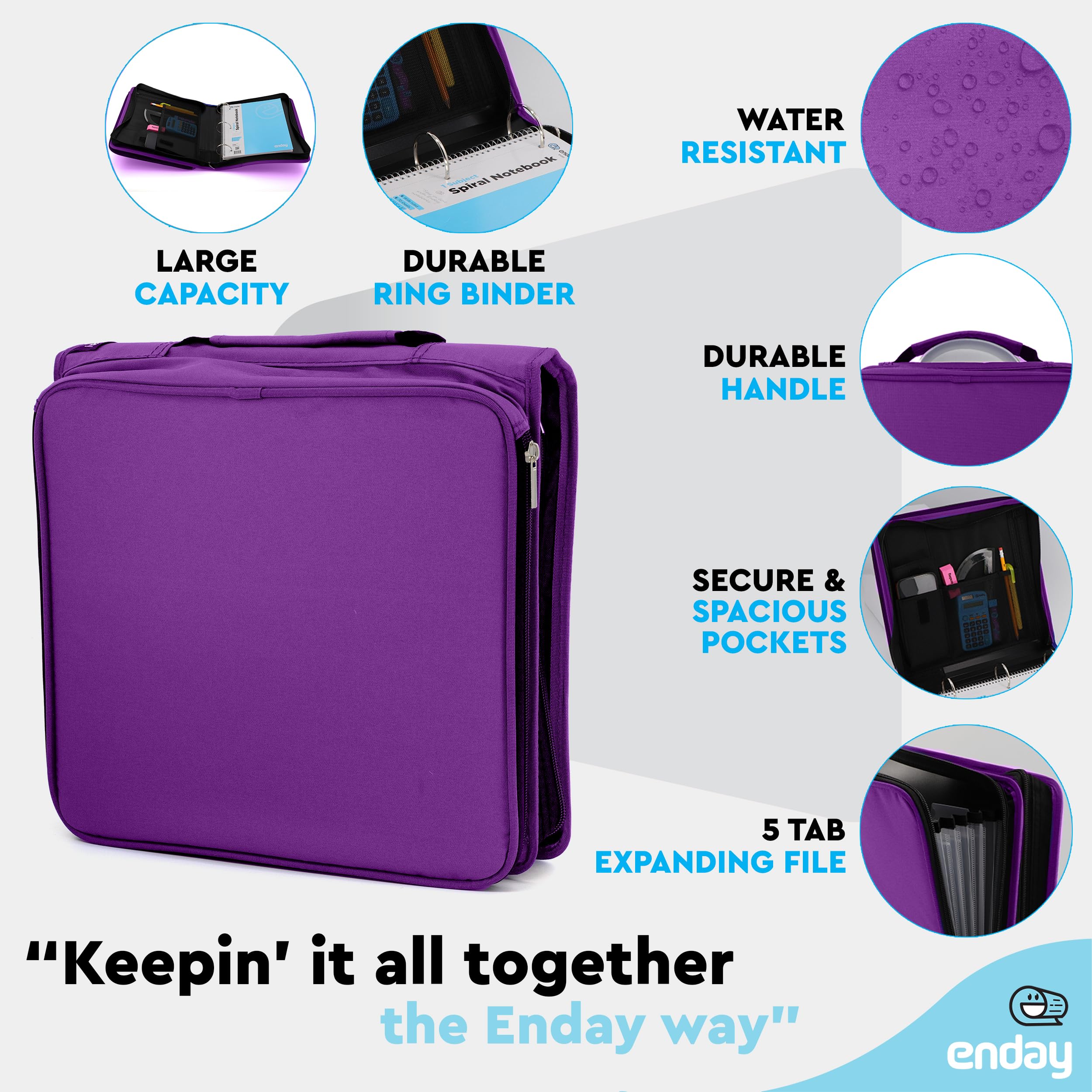 Enday 2 Inch Zipper Binder - 880 Sheet Capacity, 5 Pockets, Expanding File Folder with Durable Handle, School & Office Organizer in Purple - Perfect for Students, Teachers & Professionals to Organize Documents, Notes & Supplies