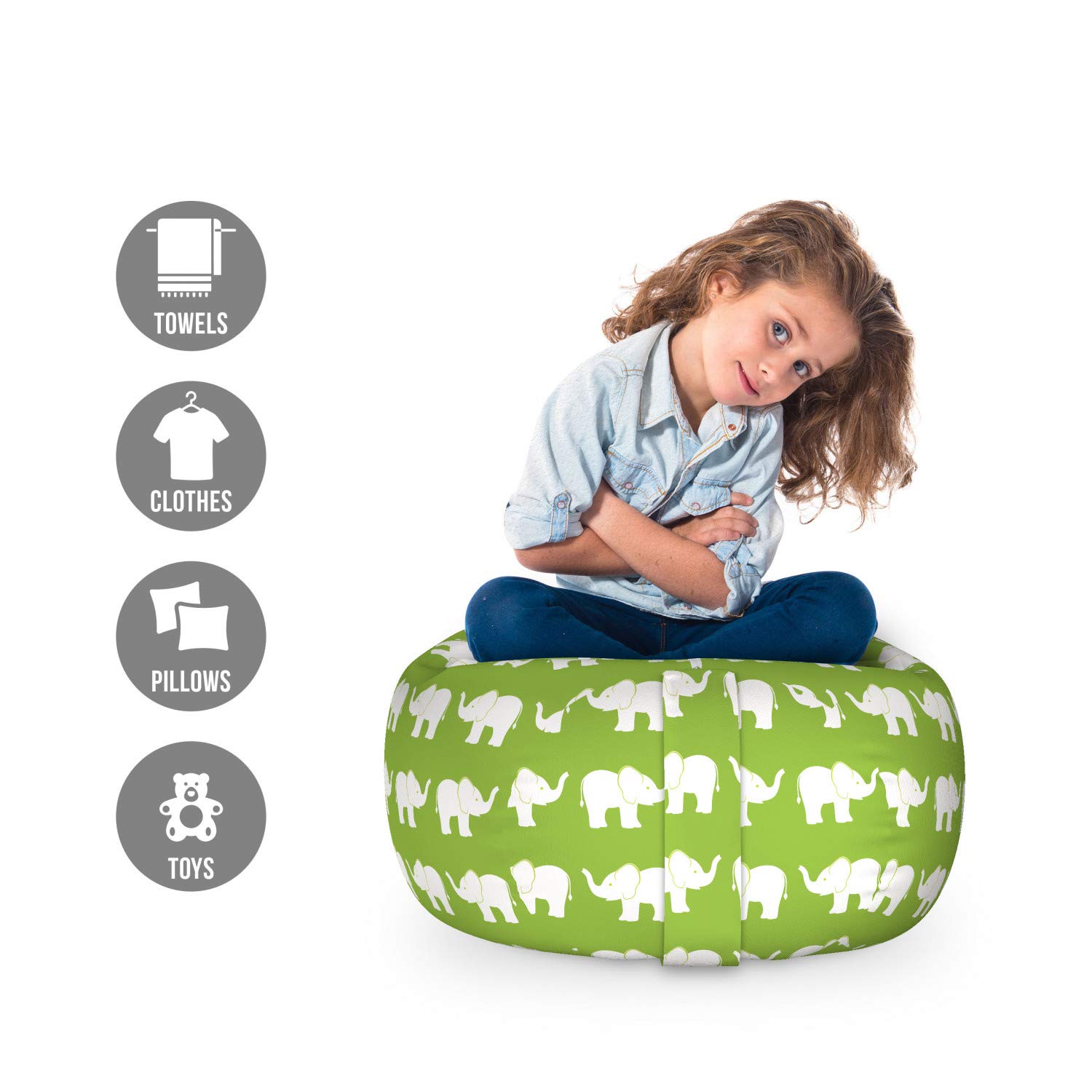 Ambesonne Animal Storage Toy Bag Chair - Giant Savannah Jungle Animals Pattern, Washable Stuffed Animal Organizer for Kids Room, Small Size in Lime Green & White | Perfect for Playroom, Bedroom & Nursery Organization