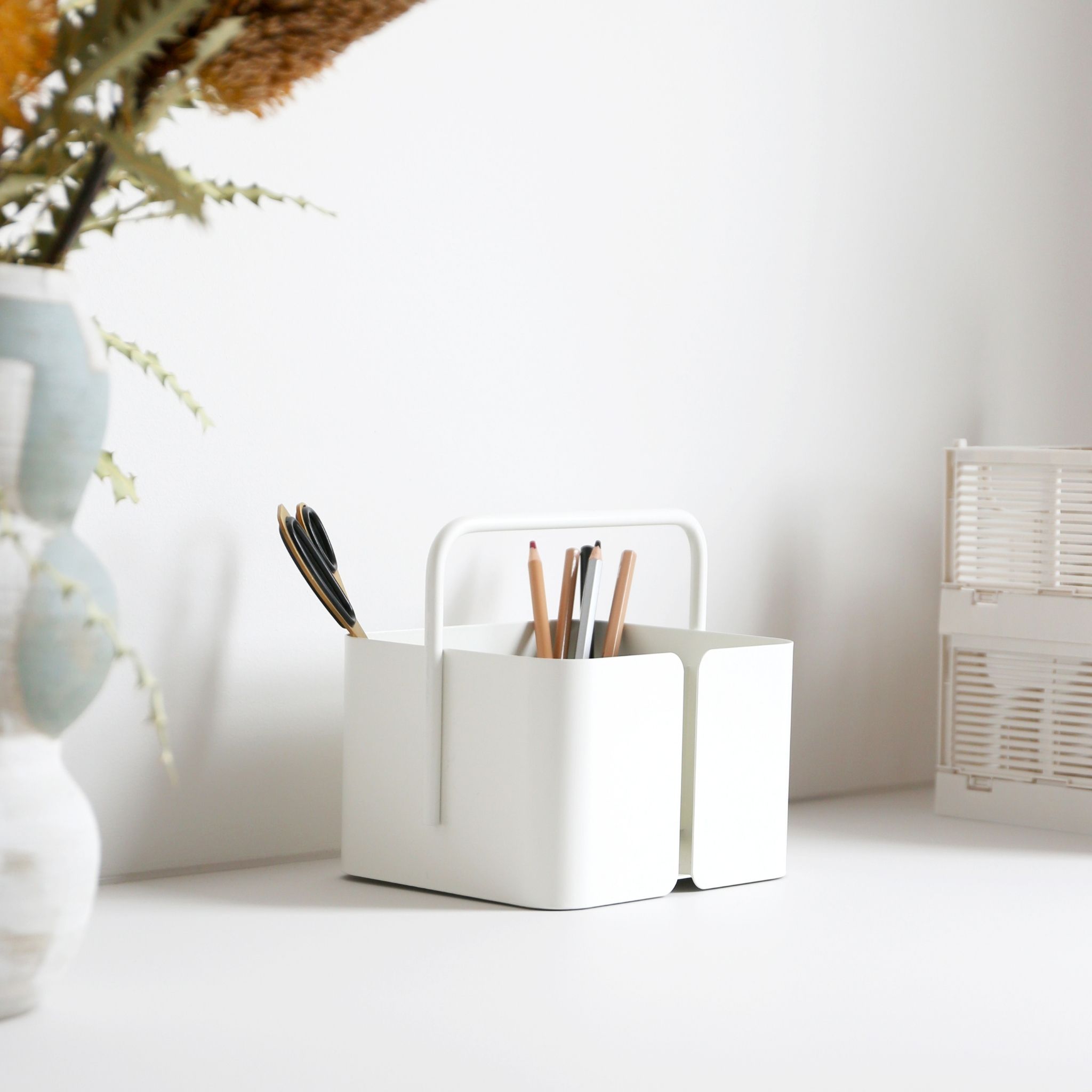 DESIGNSTUFF White Square Storage Caddy & Organizer Box - Multipurpose Home & Office Storage Solution for Bathroom, Kitchen, Desk, and Craft Supplies Organization
