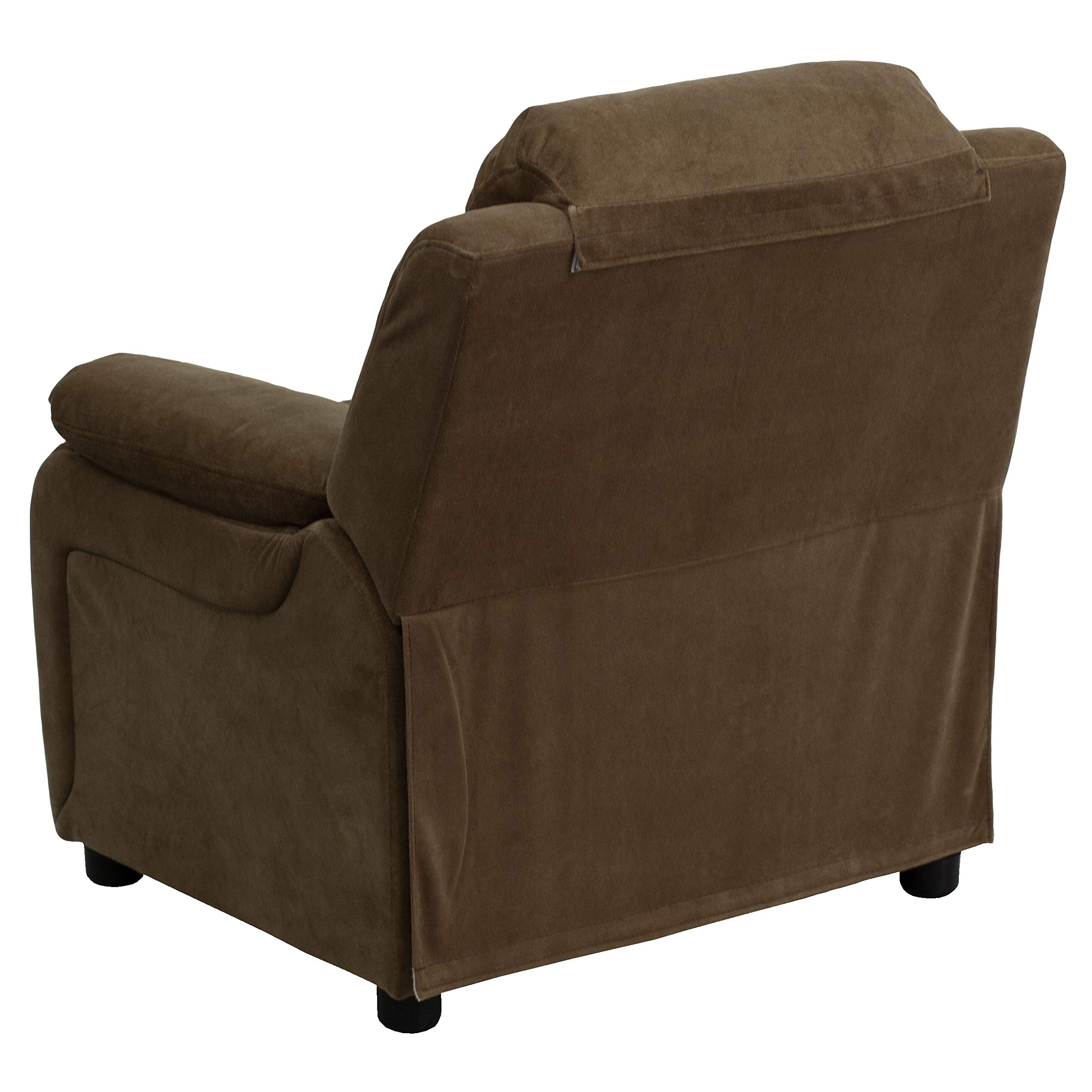 EMMA + OLIVER Deluxe Padded Brown Microfiber Kids Recliner Chair with Storage Arms - Comfortable Children's Lounge Chair for Bedroom, Playroom & Movie Nights