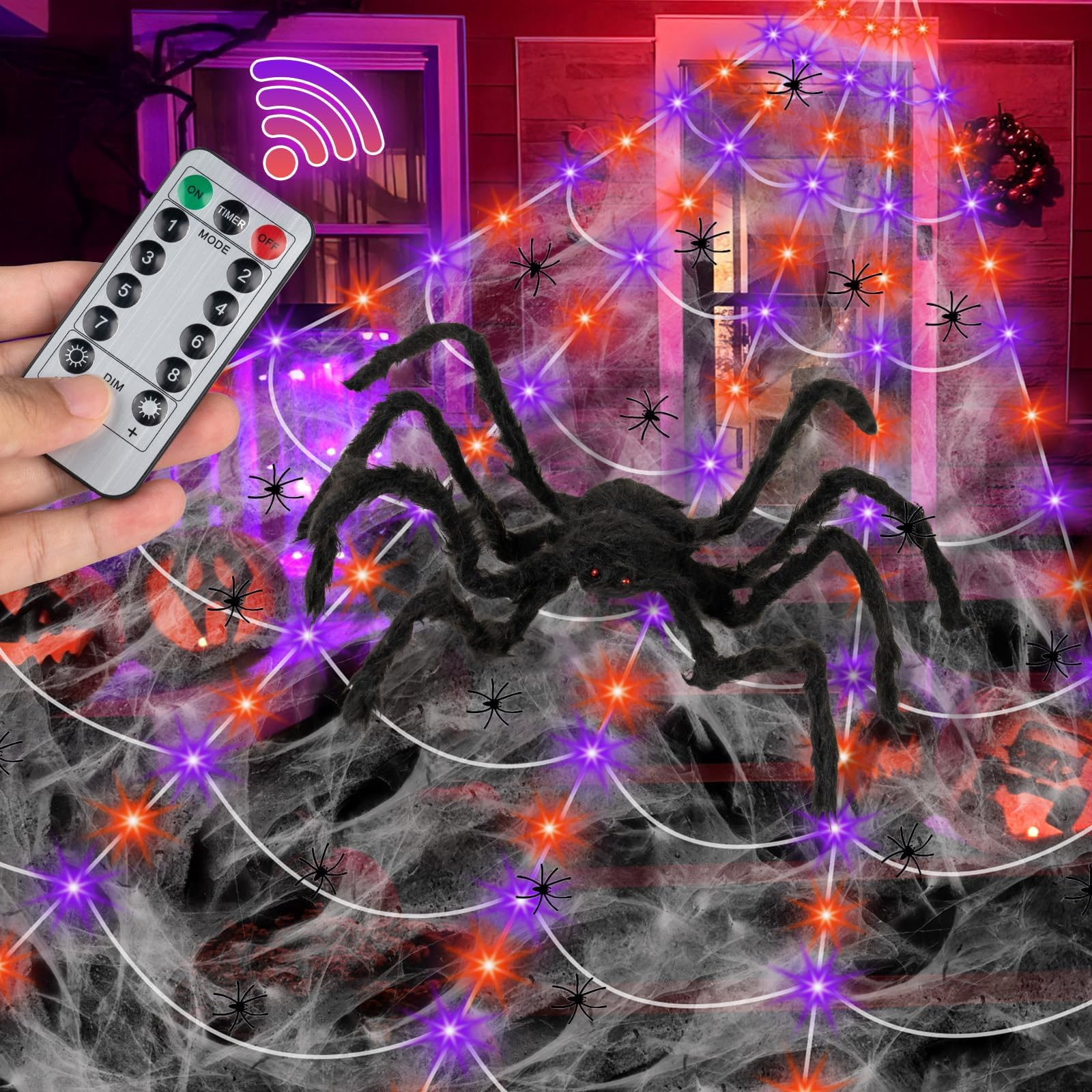 16.4ft Giant LED Spider Web Halloween Decorations with Purple & Orange Lights - 36'' Black Scary Spider Web for Outdoor Yard, Garden & Party Decor | Perfect for Halloween Night, Haunted House Themes & Spooky Outdoor Displays