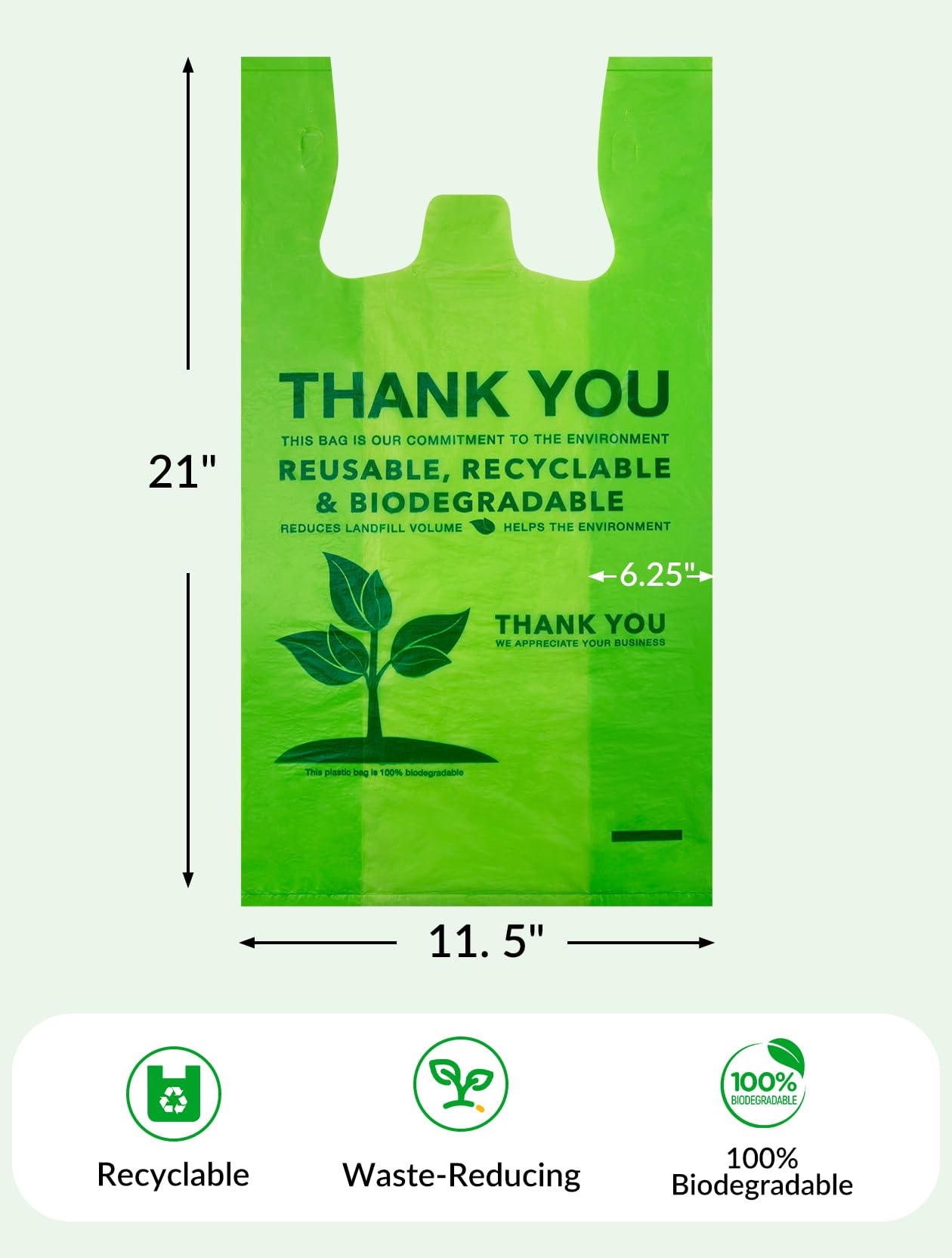 100% Biodegradable Compostable T-Shirt Bags - 100 Count Eco-Friendly Grocery Shopping Bags (11.5