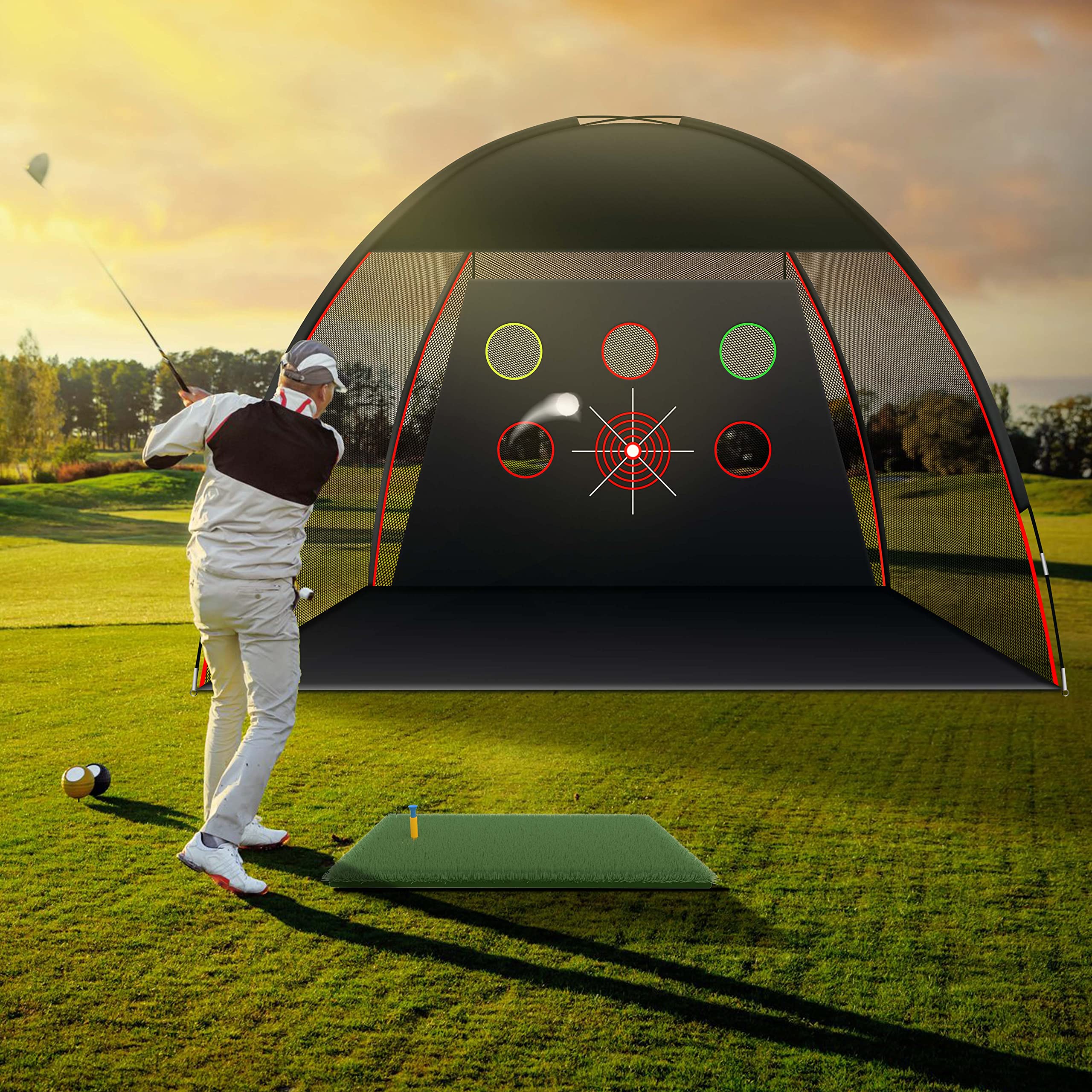 JEMOSH 10x7 Ft Golf Net & Mat Set - Premium Indoor/Outdoor Golf Practice Hitting Net for Backyard, Garage & Driving Range with Accessories | Perfect for Home Training, Backyard Practice & Golf Skill Improvement