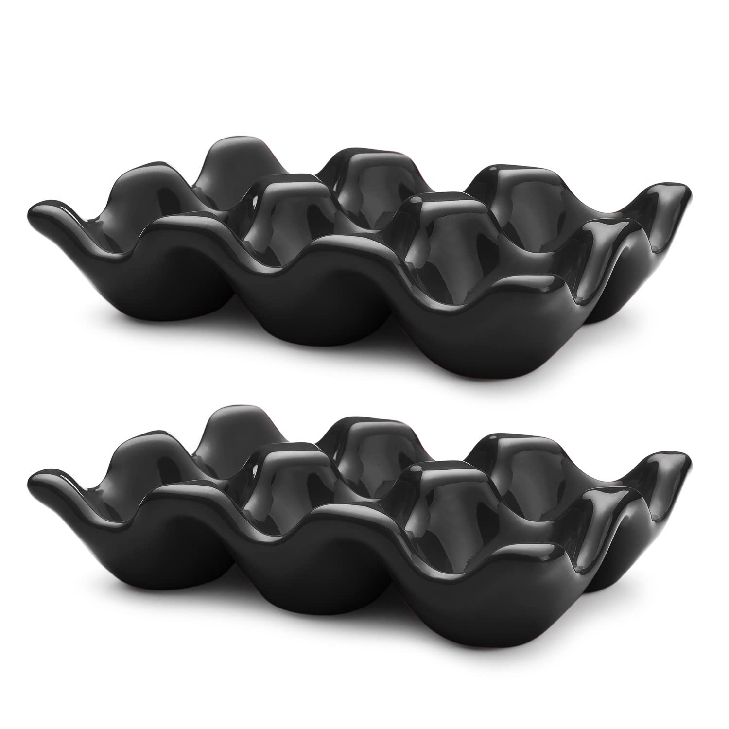 Flexzion 6-Egg Capacity Ceramic Egg Holder - Black Porcelain Egg Crate for Refrigerator & Countertop Display - Decorative Serving Dish & Kitchen Storage Organizer (2 Pack) - Perfect for Breakfast Buffets, Brunch Parties & Farmhouse Style Kitchens