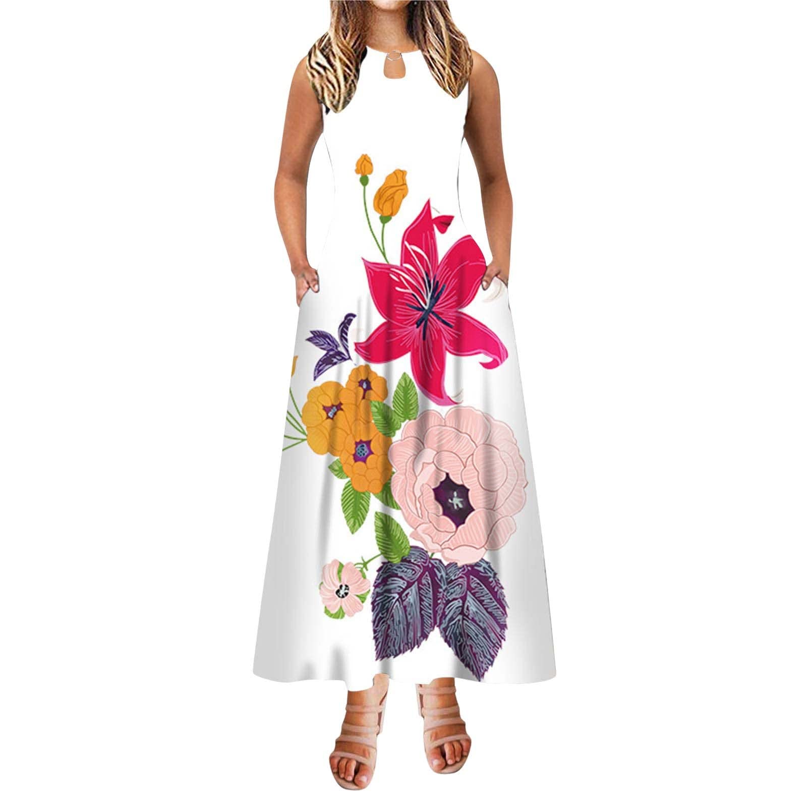 Women's A-Line Maxi Dress - Sleeveless Floral Print with Pockets, Round Neck Summer Beach Dress in White | Perfect for Vacations, Weddings & Casual Outings