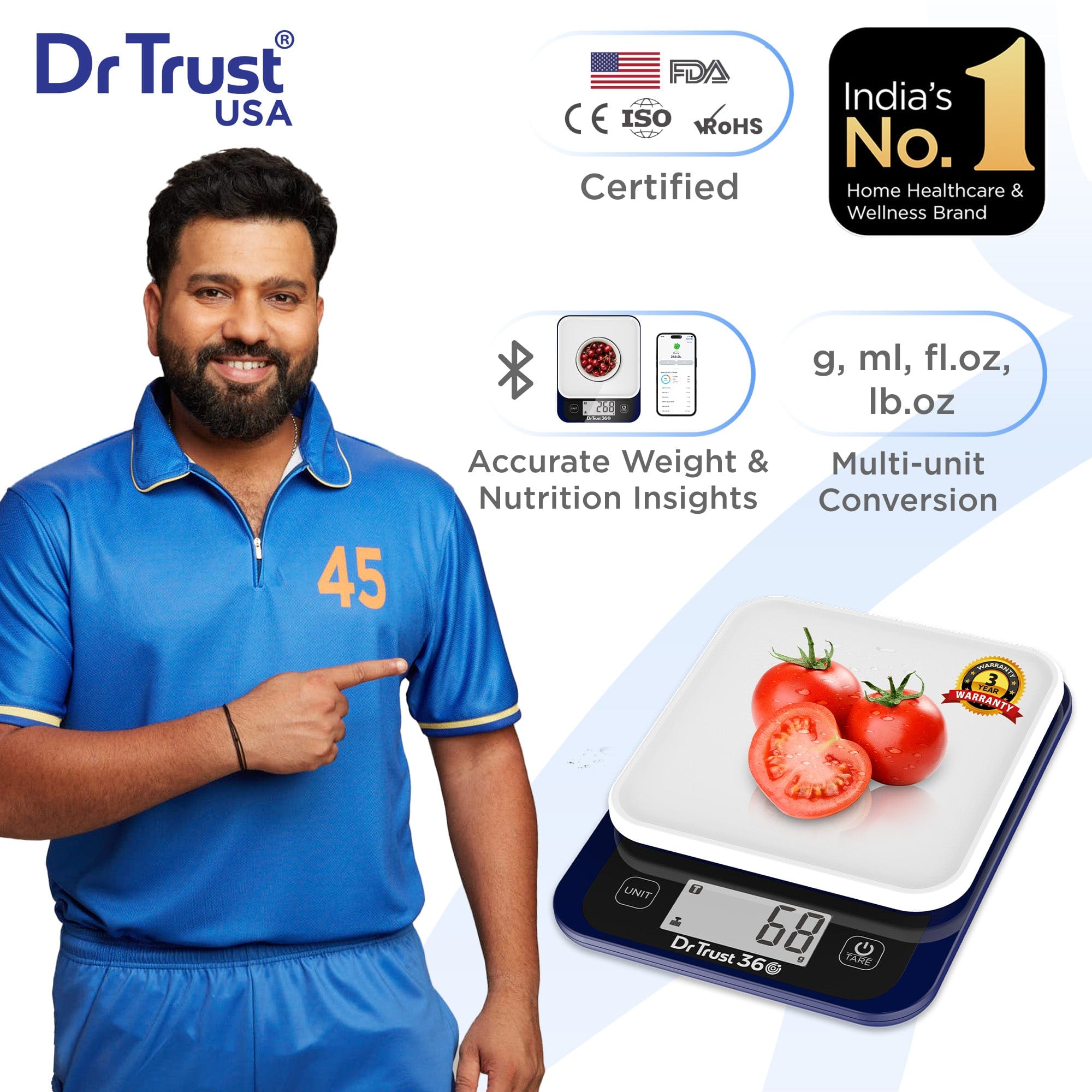 Dr Trust USA 530 Smart Digital Kitchen Scale with Bluetooth App - Precise 1g to 5kg Food Scale for Nutrition Tracking, Portion Control, Baking & Cooking | Perfect for Healthy Eating, Weight Loss & Meal Prep