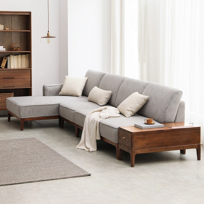 Premium Black Walnut & Ash Solid Wood Fabric Chaise Lounge Sofa - Modern Living Room Furniture for Relaxation & Home Decor