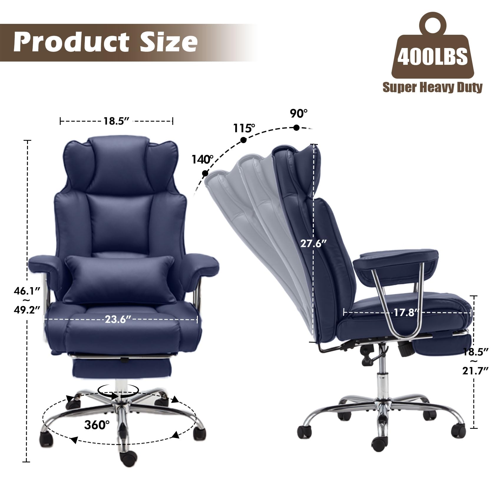 Big and Tall Office Chair with Footrest - Heavy Duty Executive Reclining Leather Chair, Adjustable High Back, Supports Up to 400lbs - Perfect for Large Men, Home Office, Gaming, and Long Work Sessions