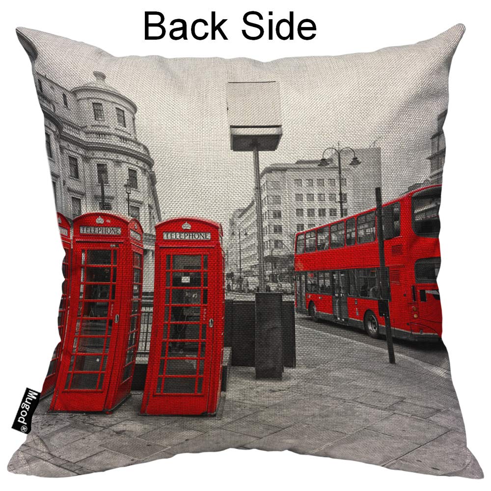 London City Themed Throw Pillow Cover - Double Decker Bus & Telephone Box Design in Red, Grey, Black & White - 18x18 Inch Decorative Cotton Linen Square Cushion Cover for Sofa, Bed, Couch - Perfect for Home Decor, Living Room, Office & Gift Giving