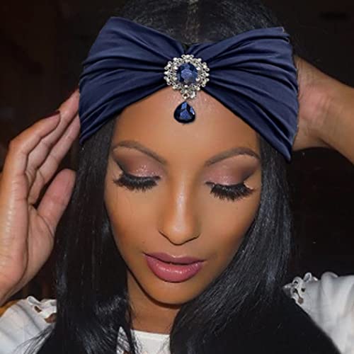 CAKURE African Evening Party Headbands - Rhinestone Crystal Turban Headbands for Women, Black Elastic Hair Bands for Nightclub, Wedding & Special Events