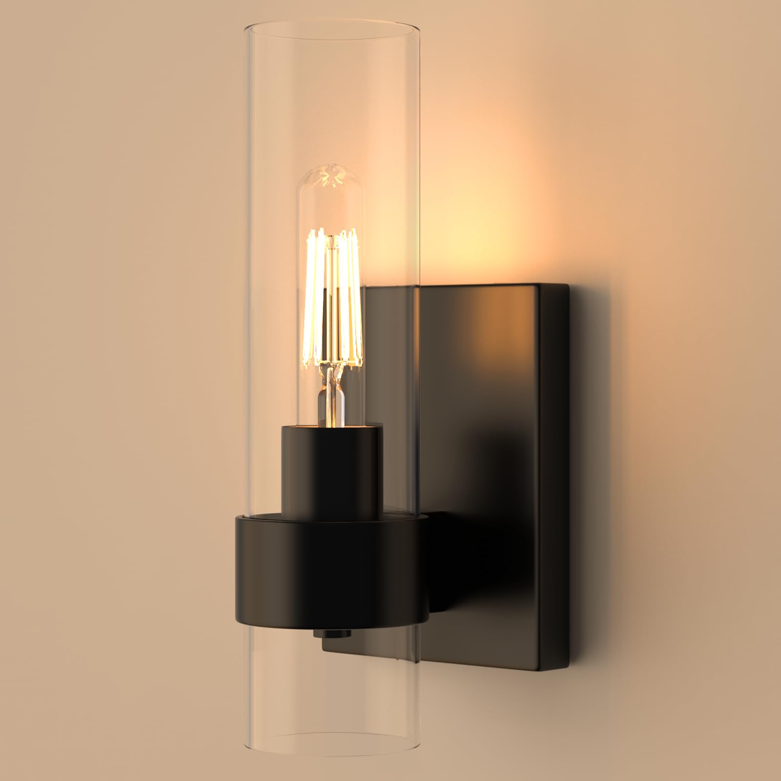 Zevluck 1-Light Modern Wall Sconce - Matte Black Bathroom Vanity Light with Clear Cylinder Glass Shade - Hardwired Wall Lamp for Bathroom, Bedroom, Living Room, Stairs & Hallway - Perfect for Ambient Lighting and Home Decor