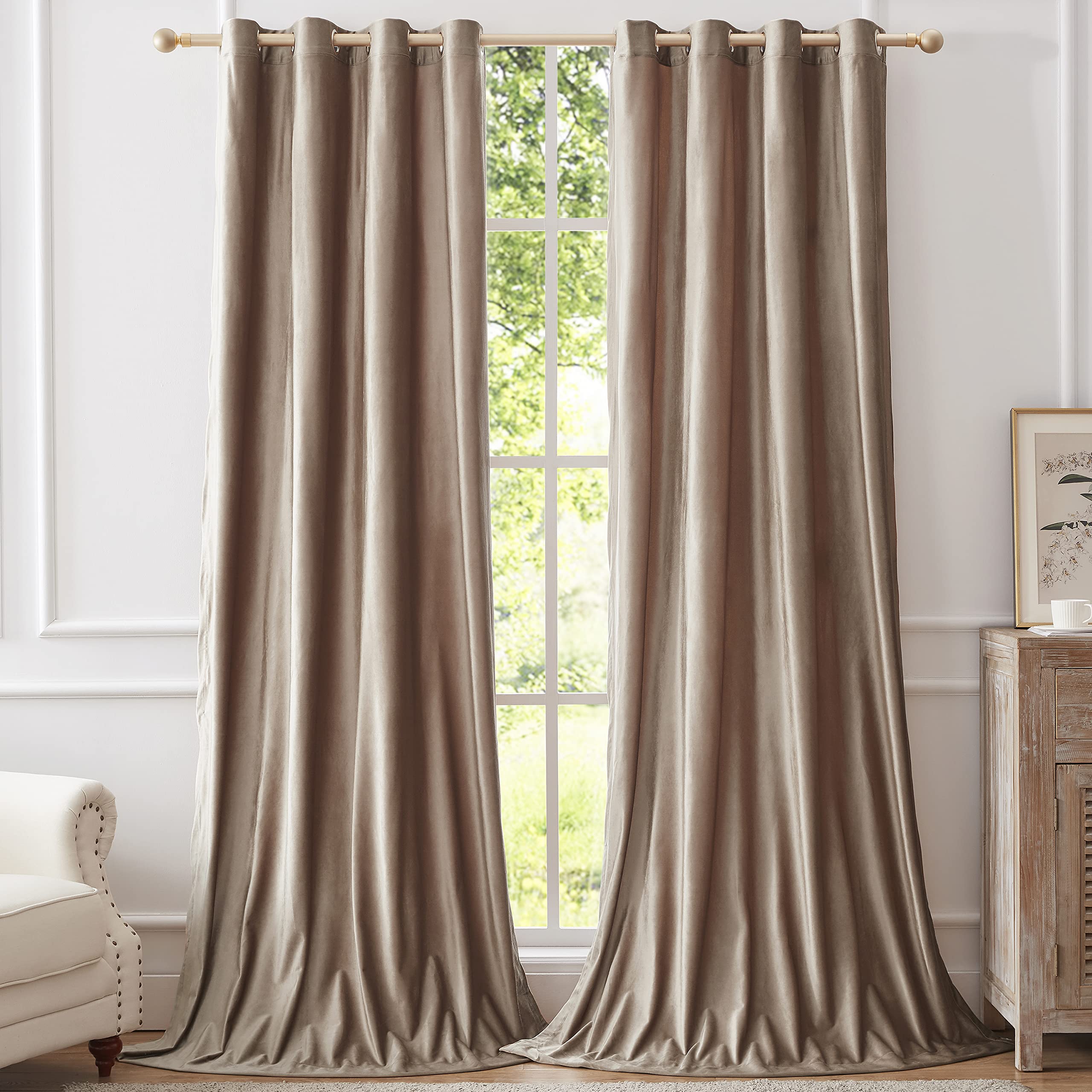 BULBUL 108 Inch Velvet Blackout Curtains - Thermal Insulated Room Darkening Drapes for Living Room & Bedroom, Taupe Grommet Window Curtains (Set of 2 Panels) - Perfect for Home Theater, Nursery & Light-Sensitive Sleepers