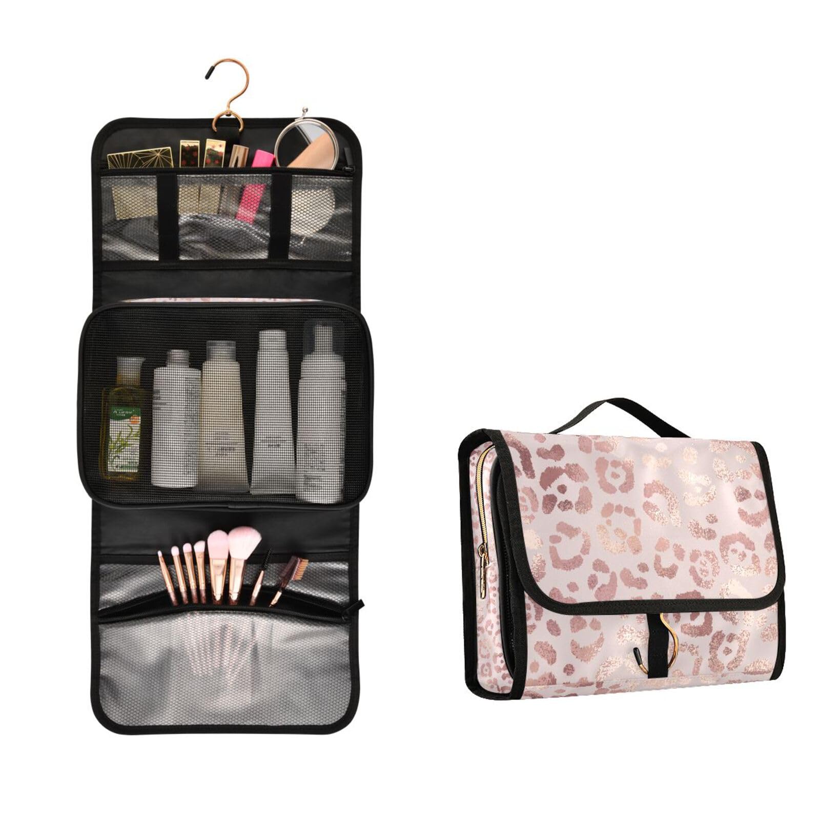 Elegant Rose Gold Leopard Print Hanging Toiletry Bag Set - 3 PCS Travel Makeup Organizer with Clear Compartments | Portable Cosmetic Storage for Women | Perfect for Vacation, Gym, Camping & Business Trips