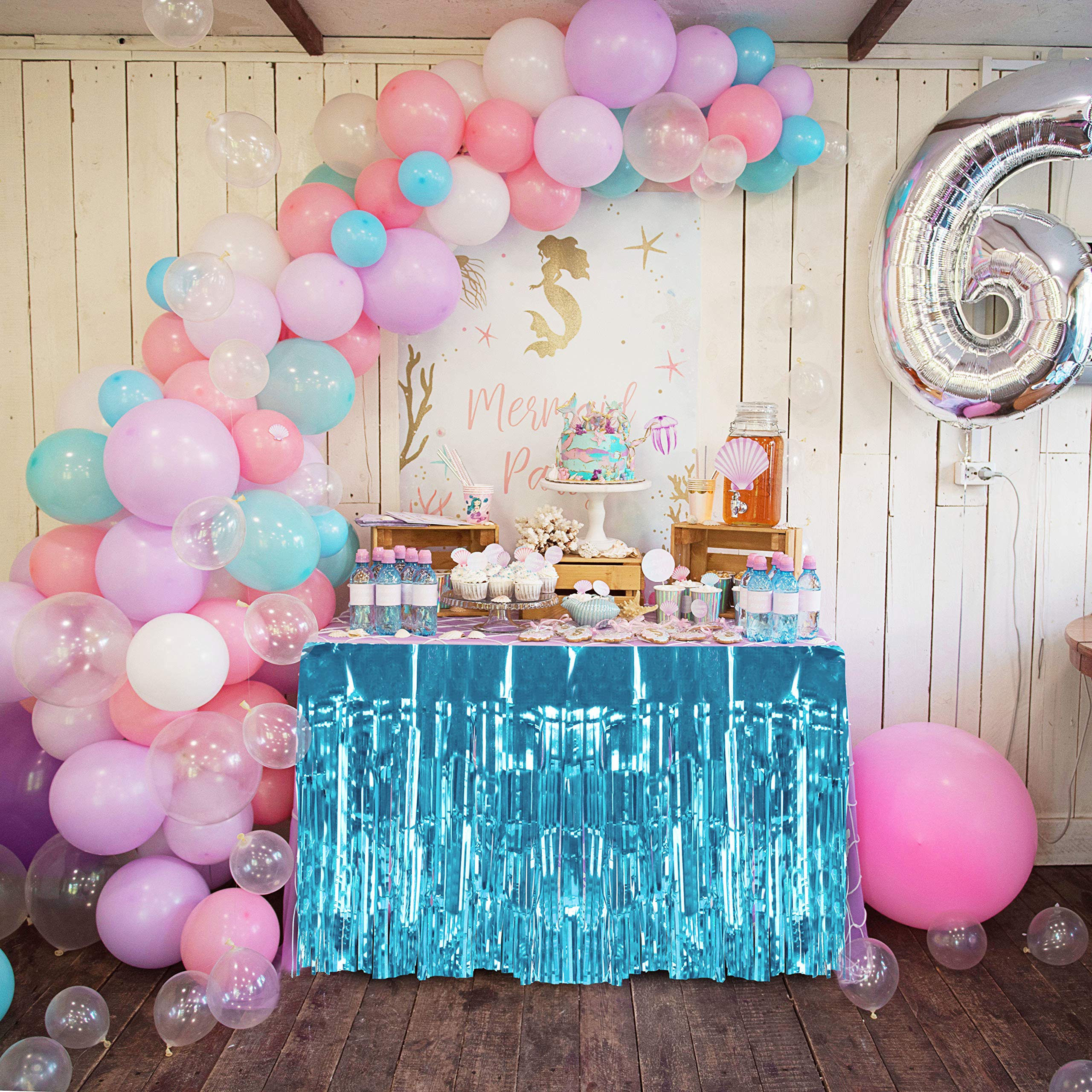 Solid Metallic Light Blue Table Skirt - Pack of 2 Shiny Table Fringe for Tropical Luau, Shark Birthday, Graduation, Under The Sea Wedding, Baby Shower & New Year's Eve Party Decorations - Perfect for Beach Themed Events & Ocean Inspired Celebrations