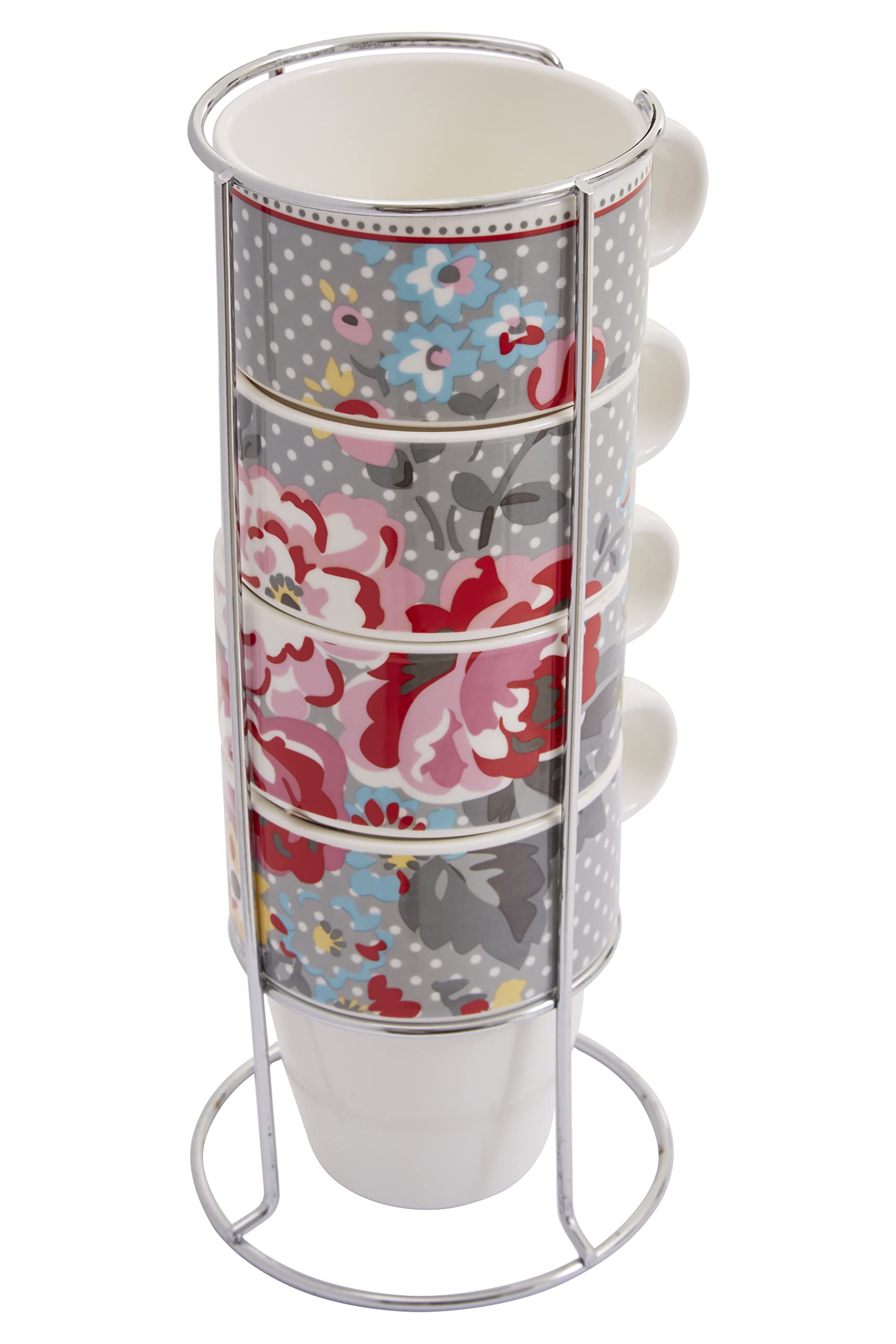 Premier Housewares 4-Piece 330ml Espresso Coffee Cups Set - Bone China with Chrome Stacking Mug Holder (10.5x11x8.5cm Each, 25x11x11cm Stand) - Perfect for Home, Café & Office Use