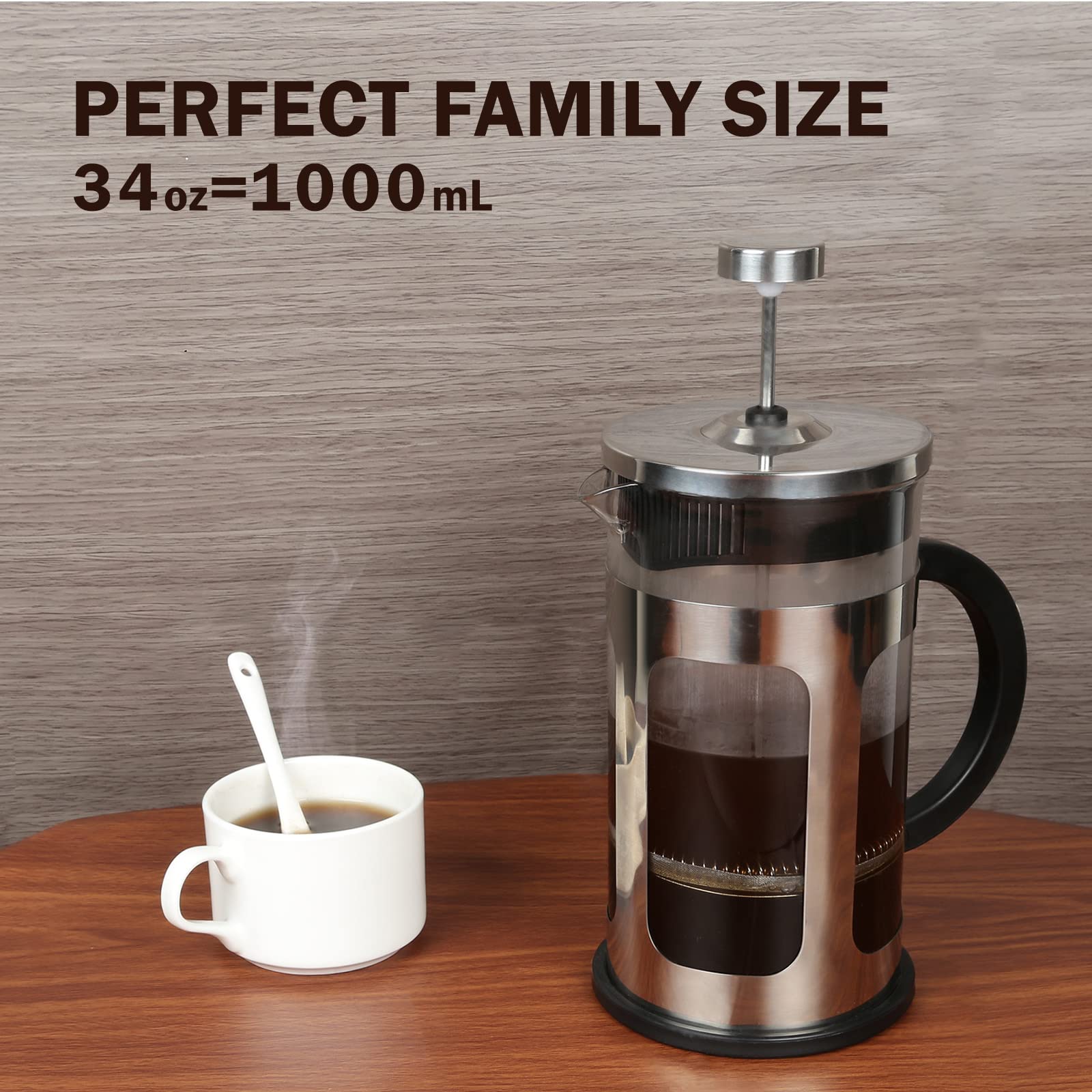 FAVIA 34oz French Press Coffee Maker - Heat Resistant Borosilicate Glass & Stainless Steel Filter - Perfect for Home, Office, Camping & Travel (34 Ounce, Silver)