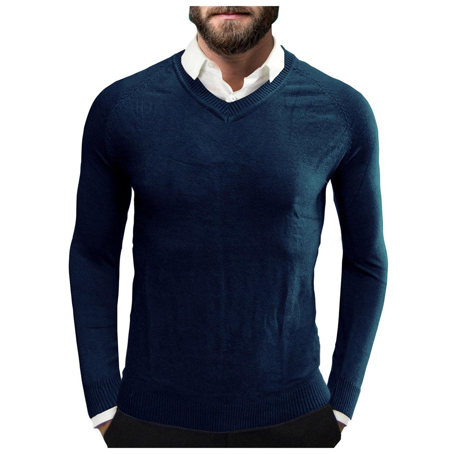 Men's Stretch Cotton V-Neck Thermal Sweater - Lightweight Slim Fit Soft Merino Wool Pullover for Work & Casual Wear | Winter Layering & Office Outfits