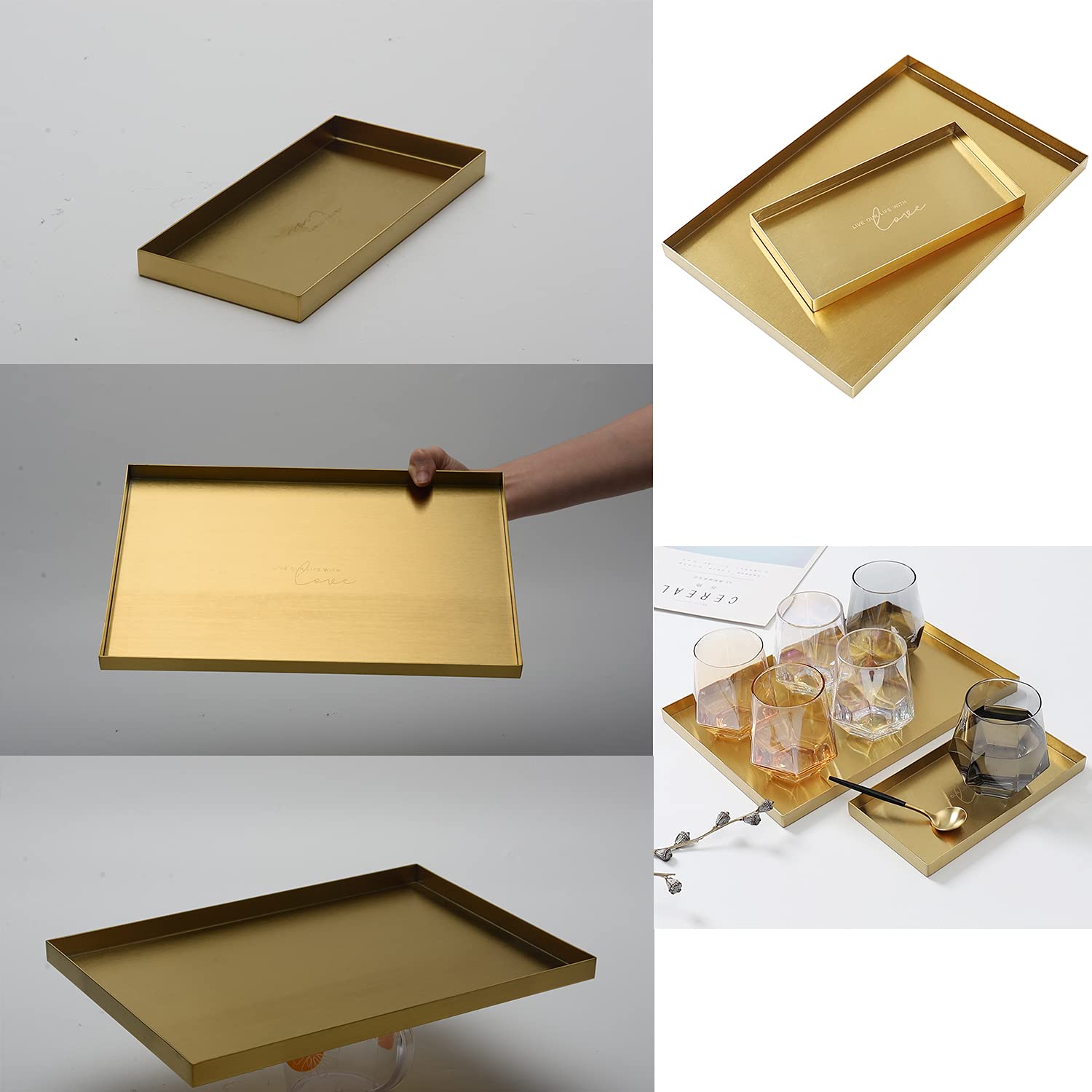 Gold Stainless Steel Rectangular Serving Tray - Decorative Vanity Organizer for Jewelry, Cosmetics & Tableware | Bathroom Countertop, Kitchen & Home Decor Storage Solution