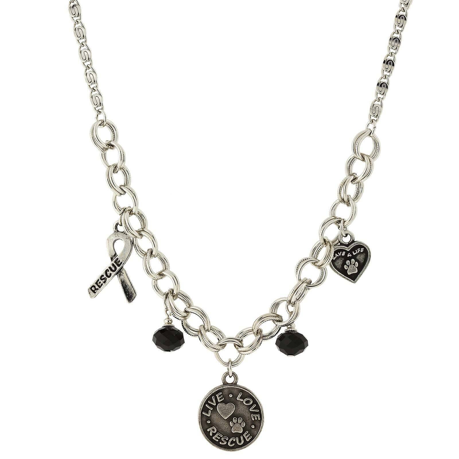 1928 Jewelry Black Bead Live Love Rescue Pendant Necklace - 16