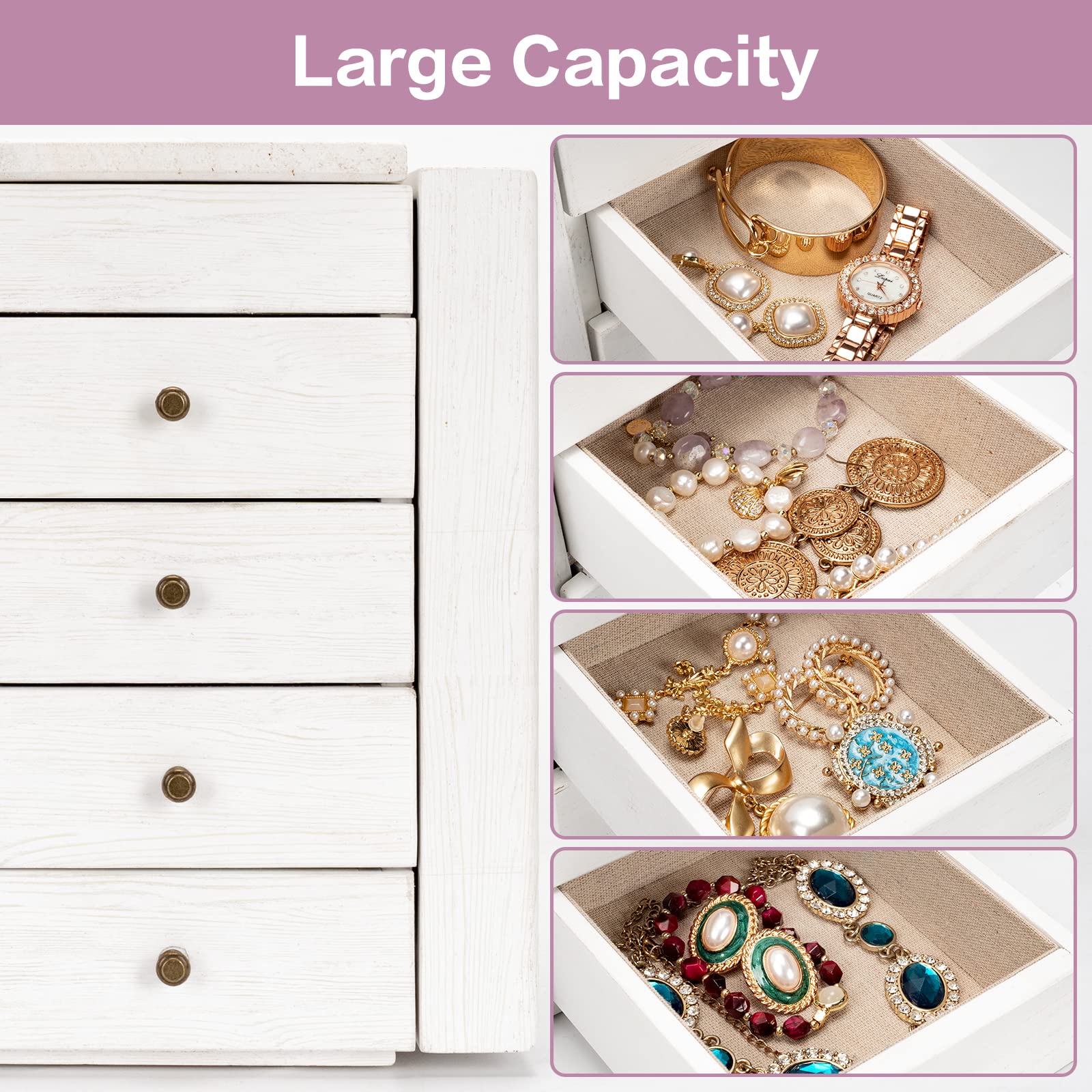 Meangood 5-Layer Wooden Jewelry Organizer Box with Mirror & 4 Drawers - Large Storage for Rings, Earrings, Necklaces (White) - Perfect for Women's Bedroom Vanity, Dresser & Travel Jewelry Organization