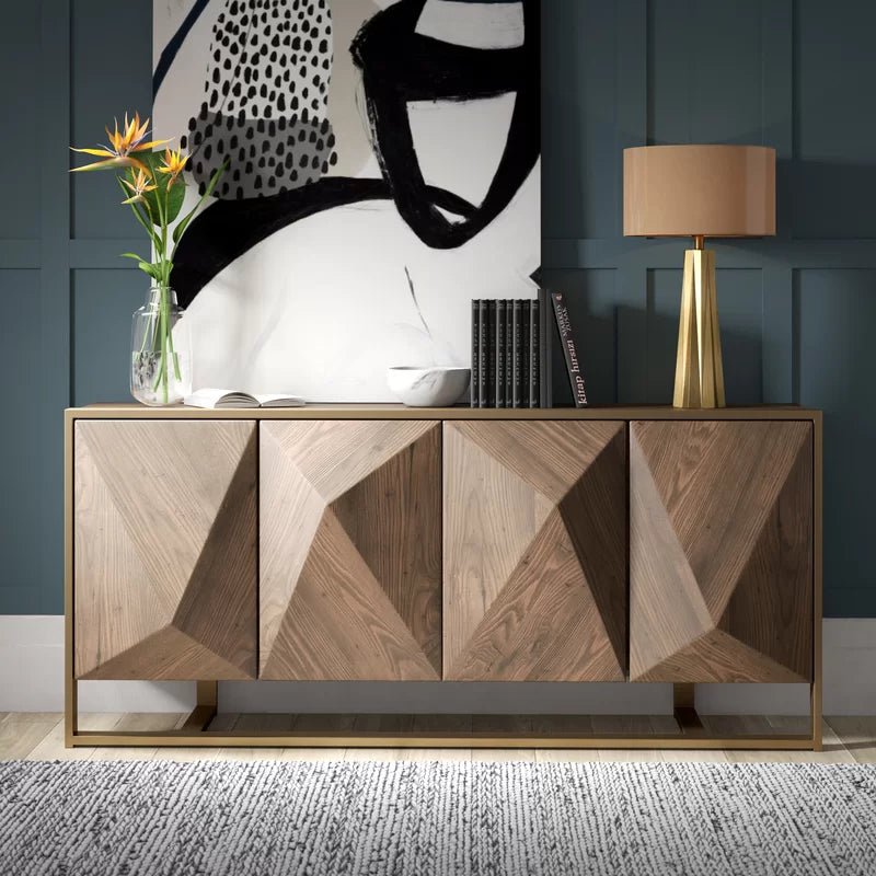Handmade Embossed Metal Brass Sideboard Buffet - Vintage Dining Room Storage Cabinet for Living Room, Kitchen & Entryway Decor
